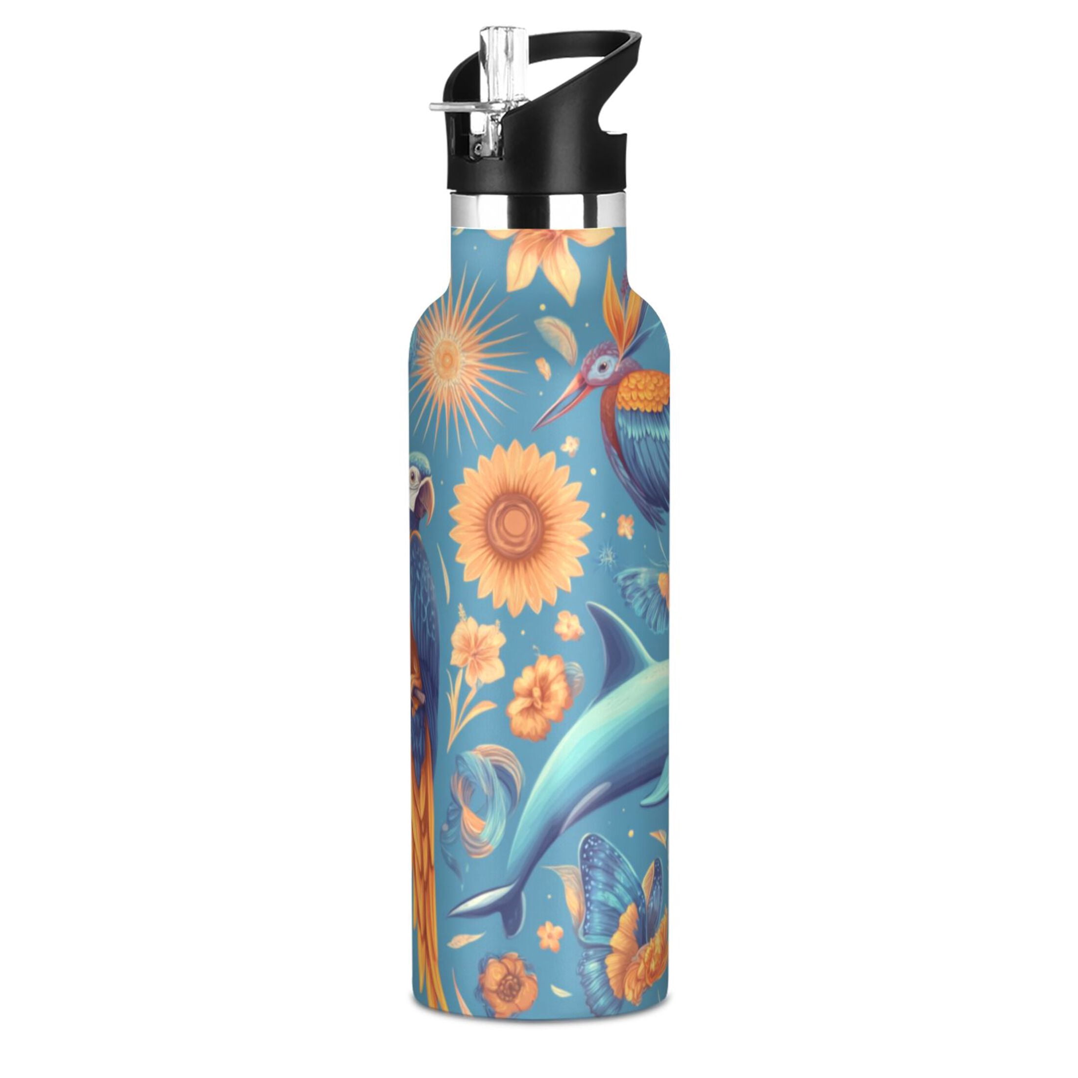 Kids Insulated Stainless Steel Sports Water Bottle 600ml (20oz) Parrots and Butterflies Pattern