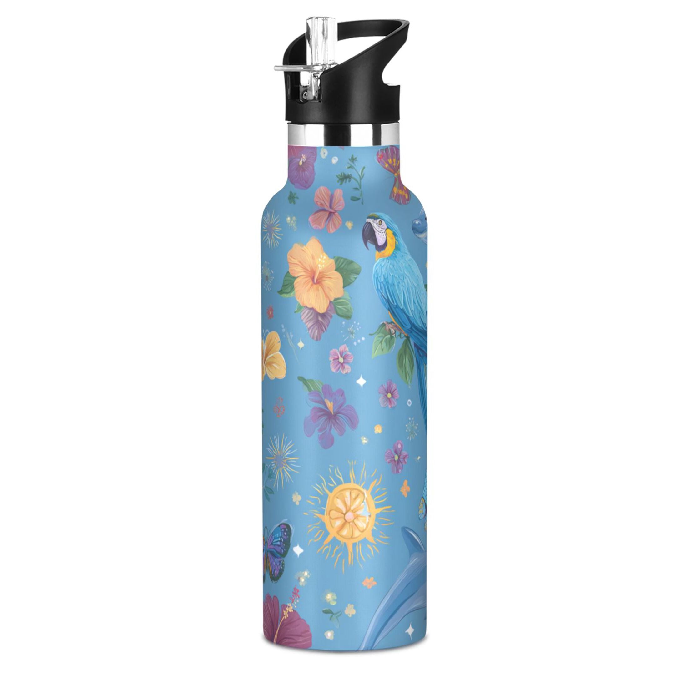 Kids Insulated Stainless Steel Sports Water Bottle 600ml (20oz) Parrots and Dolphins Pattern