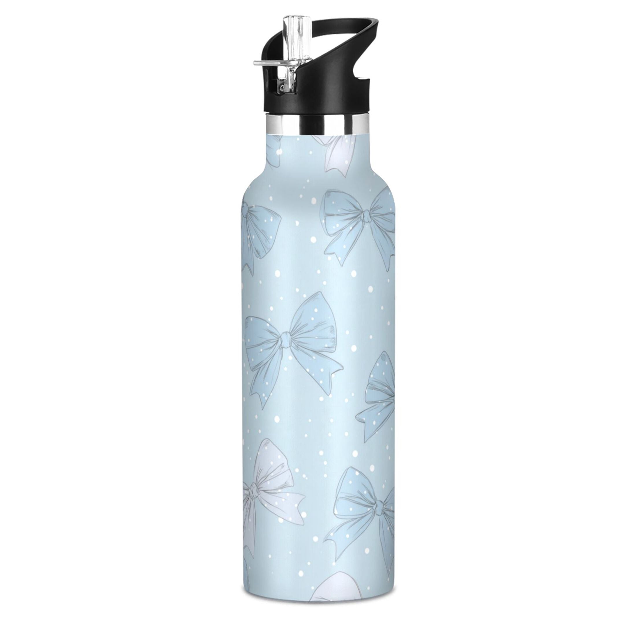 Kids Insulated Stainless Steel Sports Water Bottle 600ml (20oz) Pastel Blue Bows and Dots