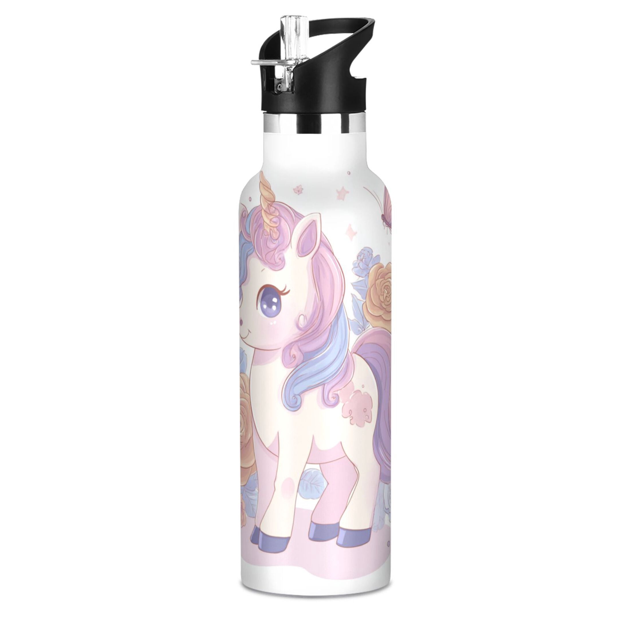Kids Insulated Stainless Steel Sports Water Bottle 600ml (20oz) Pastel Colors Unicorn