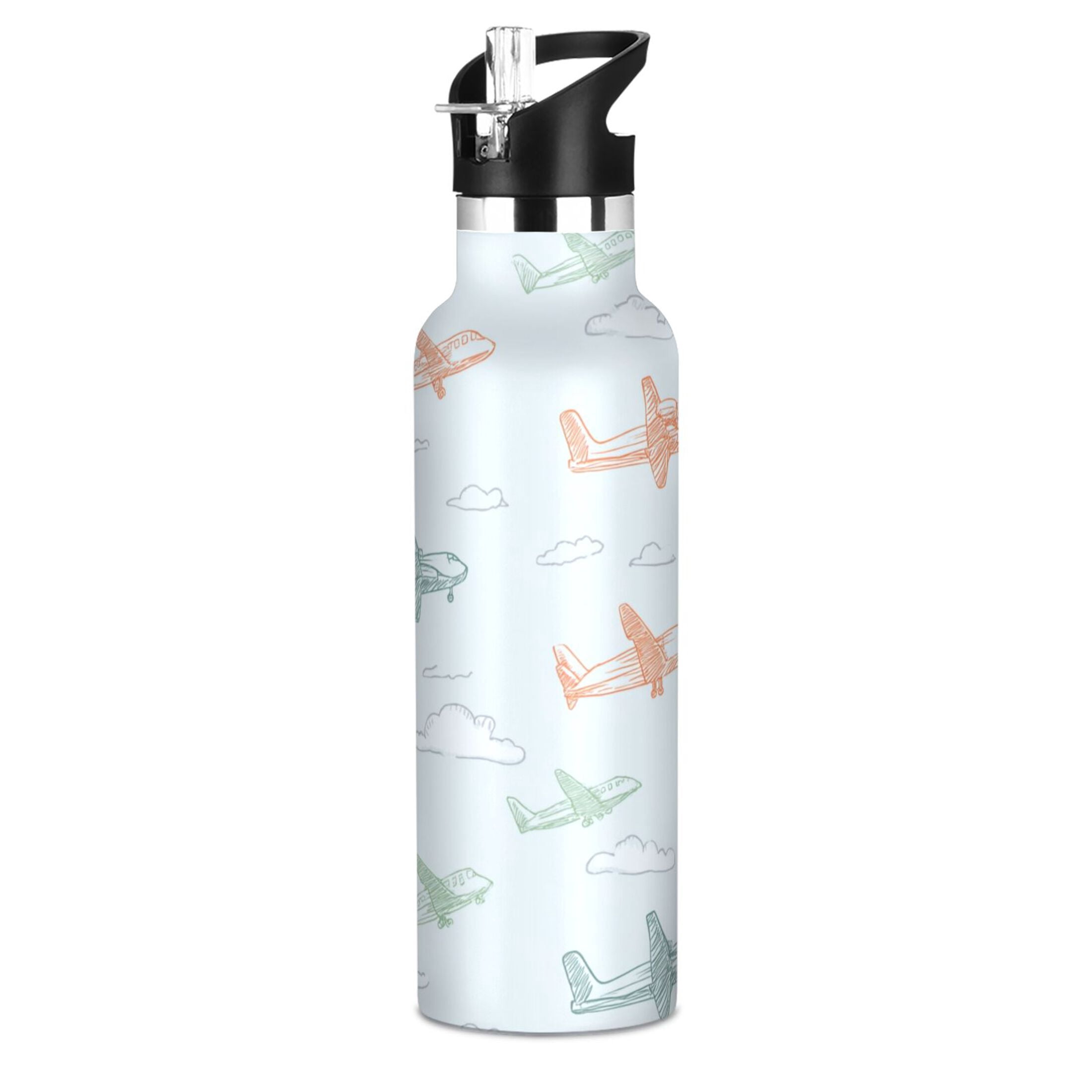 Kids Insulated Stainless Steel Sports Water Bottle 600ml (20oz) Pastel Doodle Airplanes