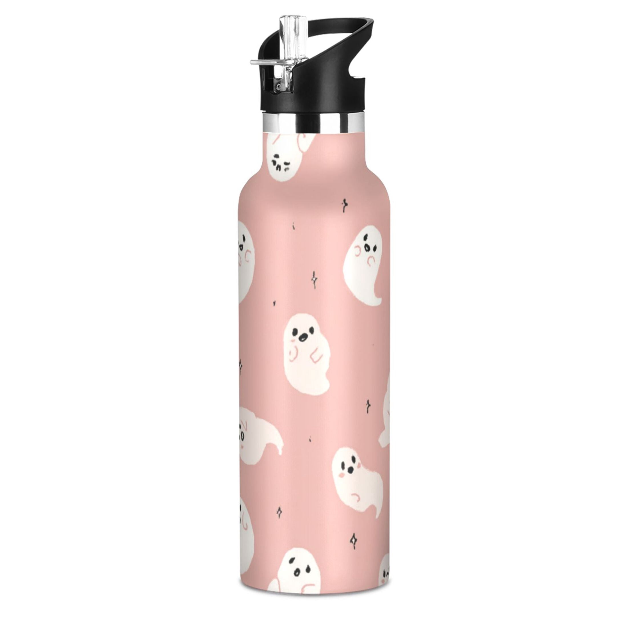 Kids Insulated Stainless Steel Sports Water Bottle 600ml (20oz) Pastel Pink Cute Ghosts
