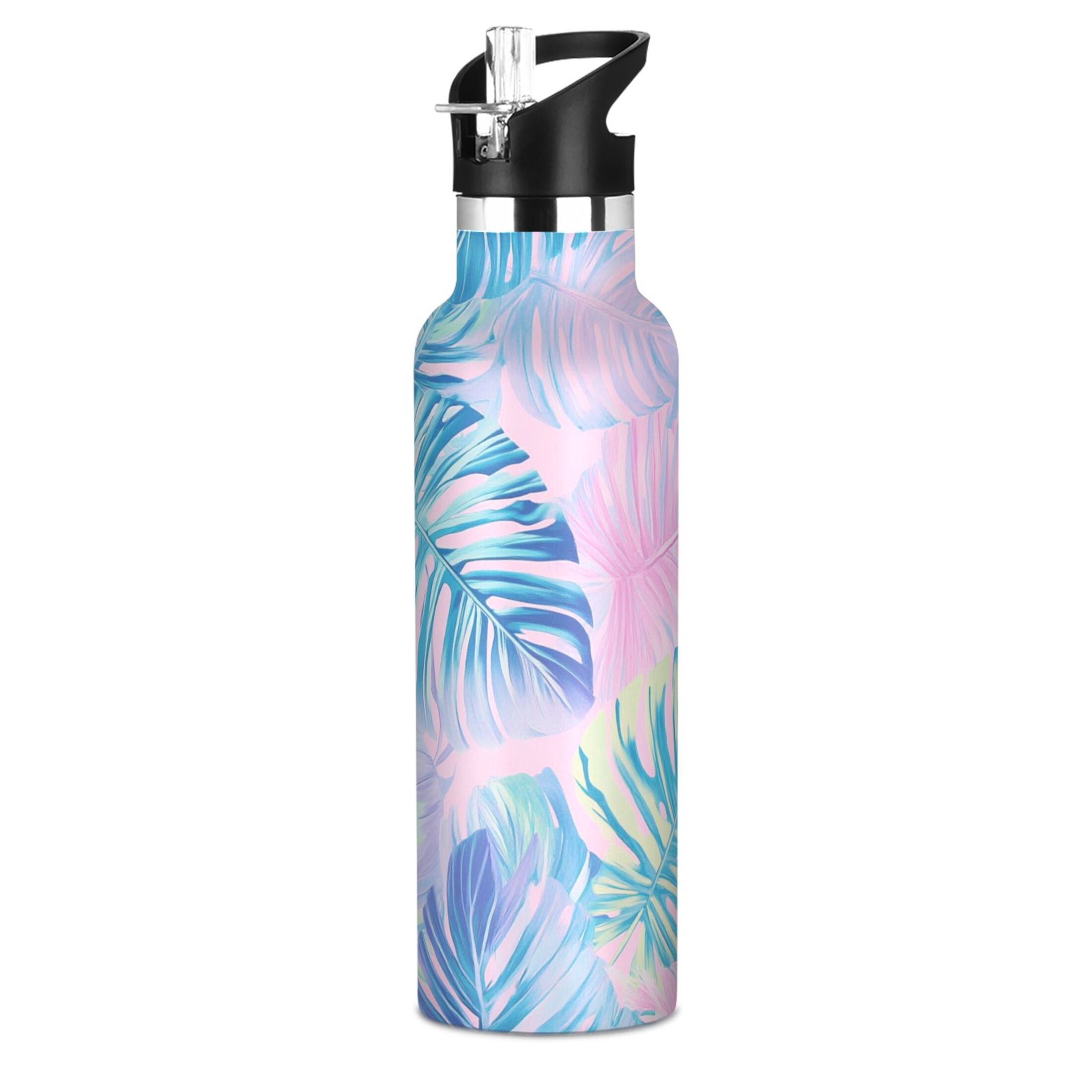 Kids Insulated Stainless Steel Sports Water Bottle 600ml (20oz) Pastel Pink Palm Leaves