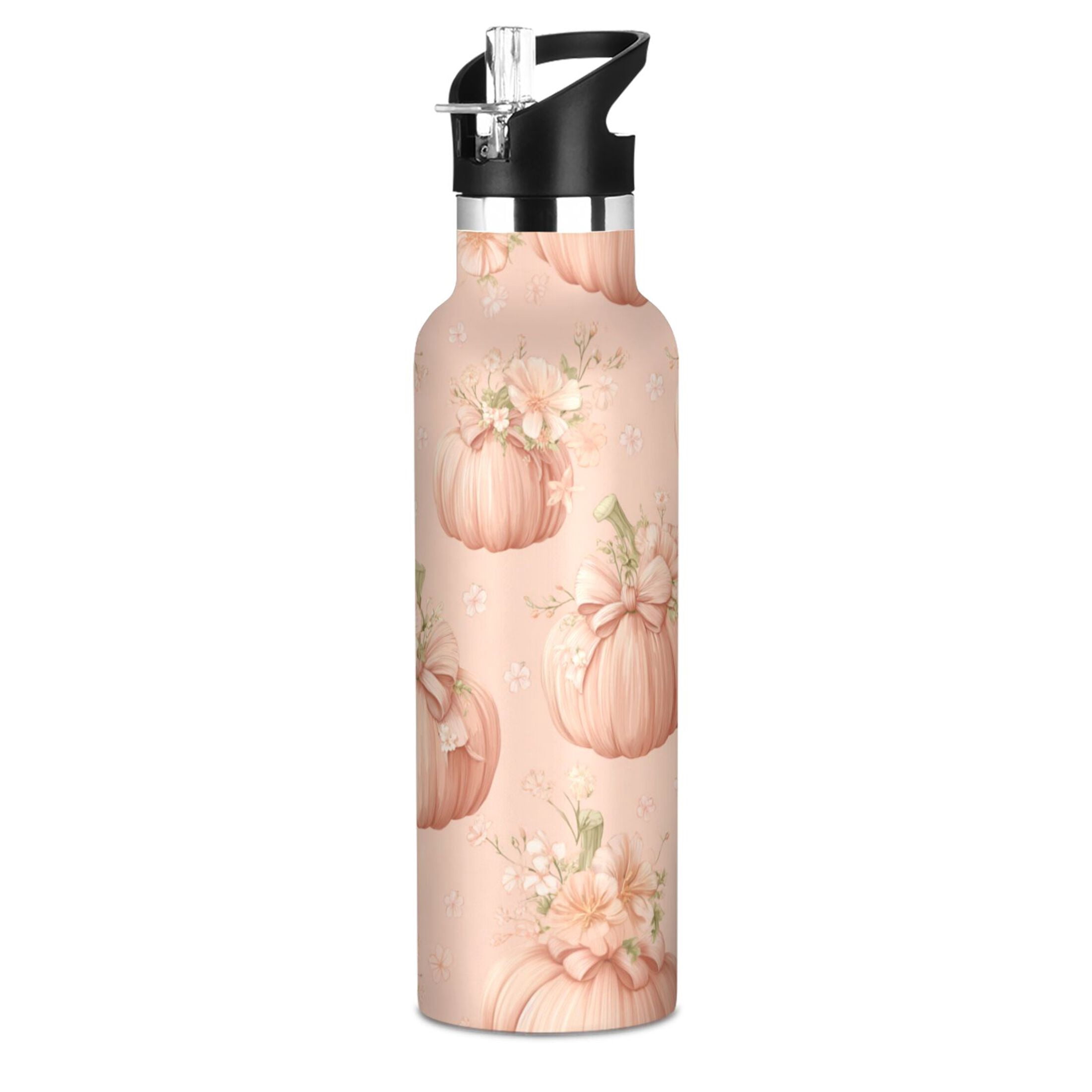 Kids Insulated Stainless Steel Sports Water Bottle 600ml (20oz) Pastel Pink Pumpkins and Flowers