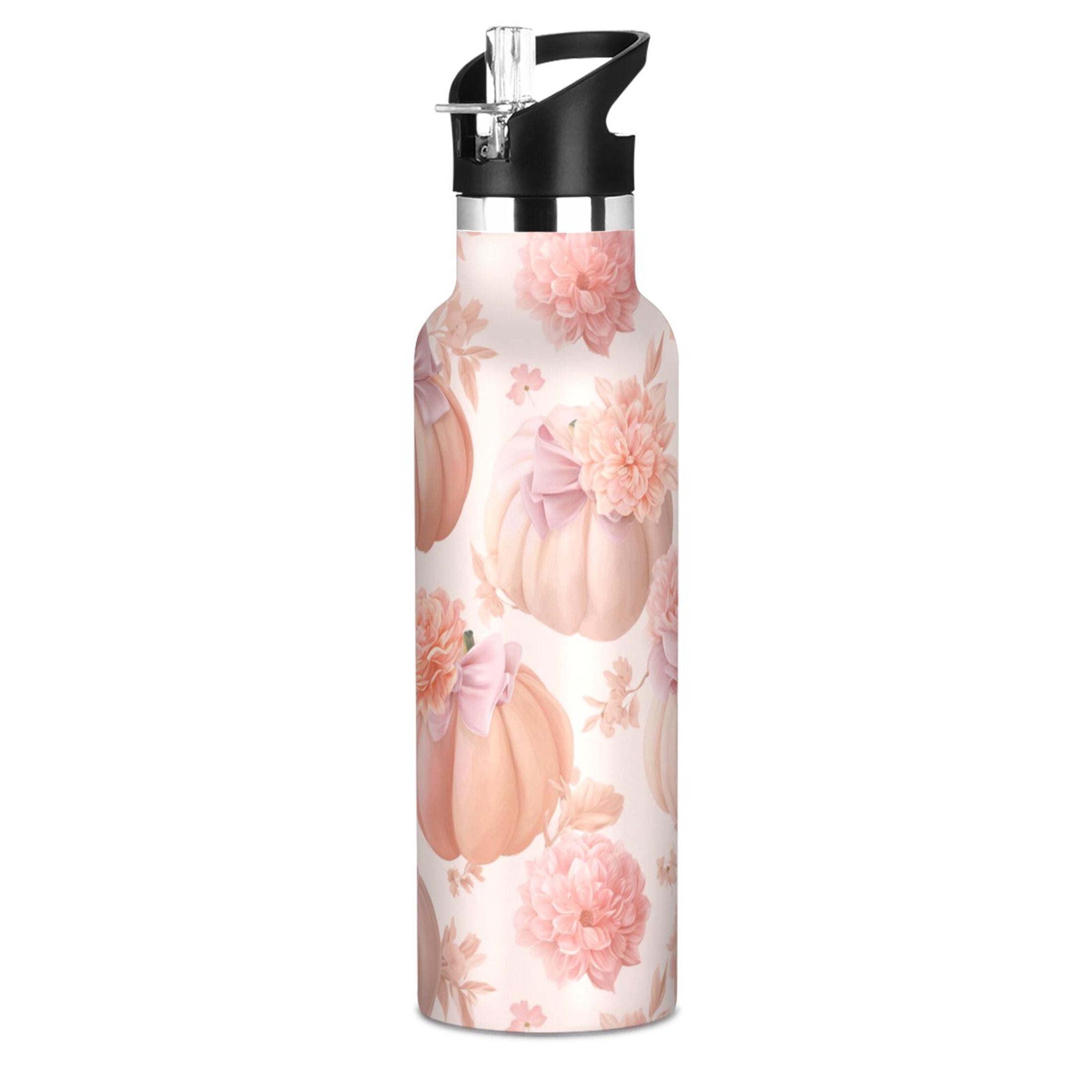Kids Insulated Stainless Steel Sports Water Bottle 600ml (20oz) Pastel Pink Pumpkins