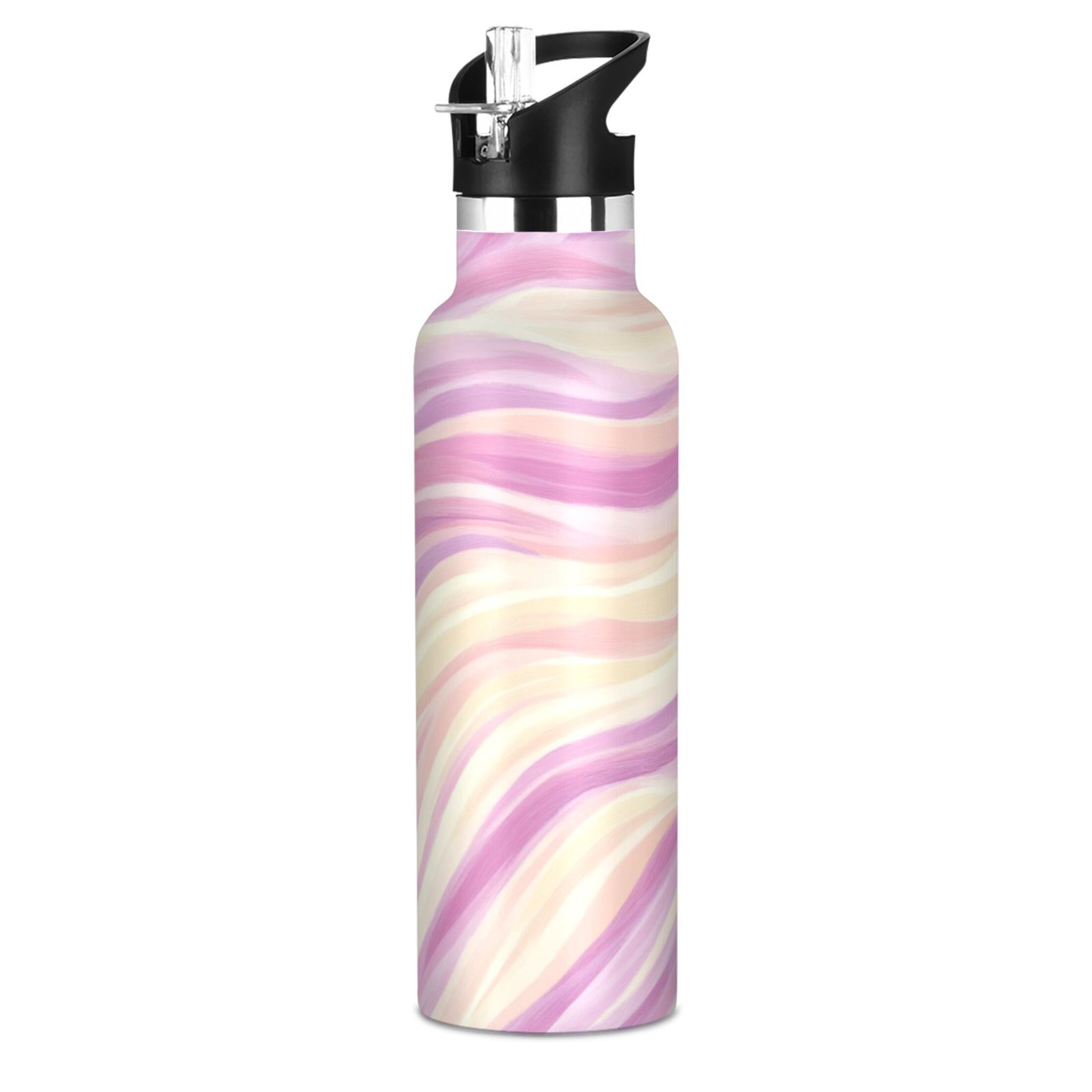 Kids Insulated Stainless Steel Sports Water Bottle 600ml (20oz) Pastel Pink Wavy Lines
