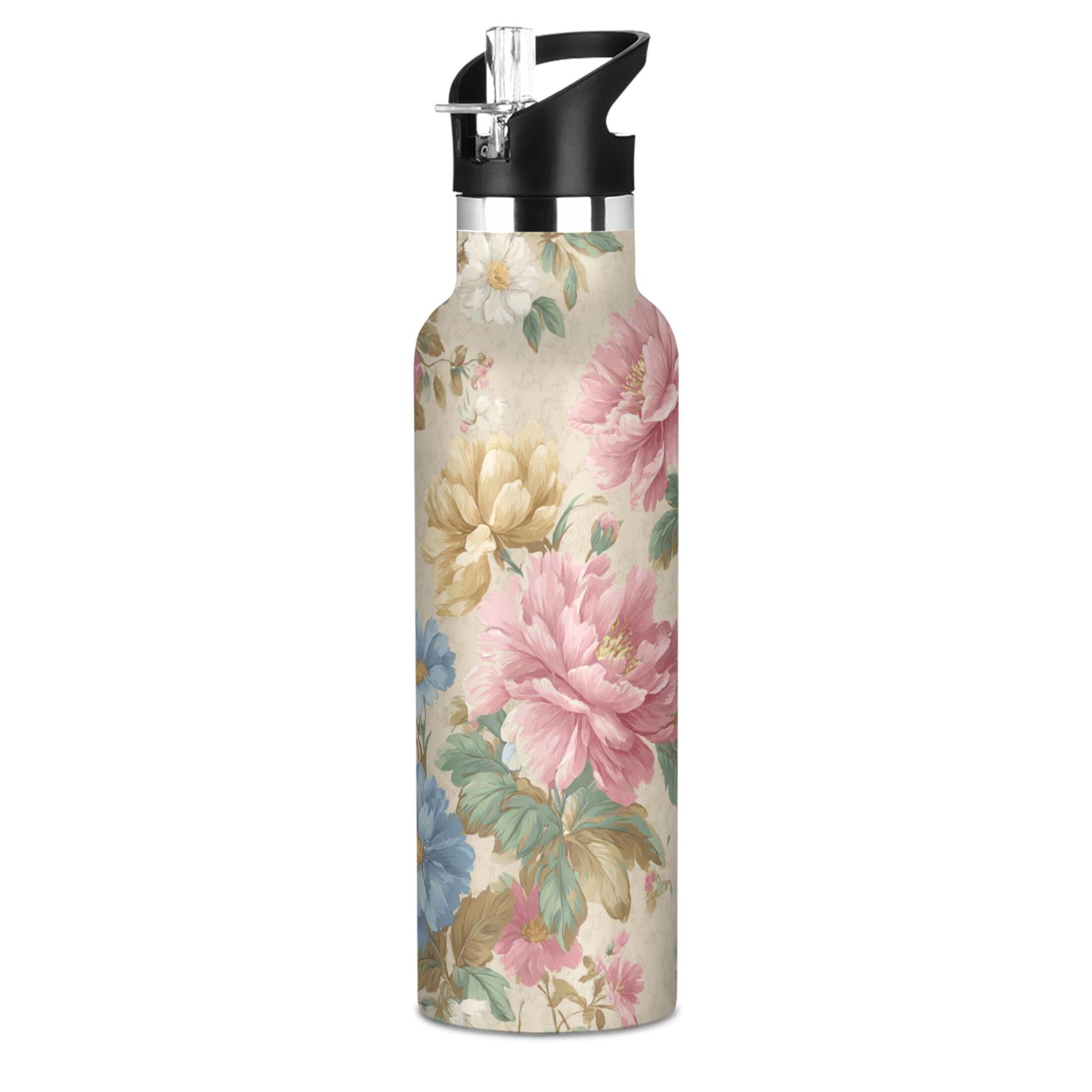 Kids Insulated Stainless Steel Sports Water Bottle 600ml (20oz) Pastel Pink and Blue Floral