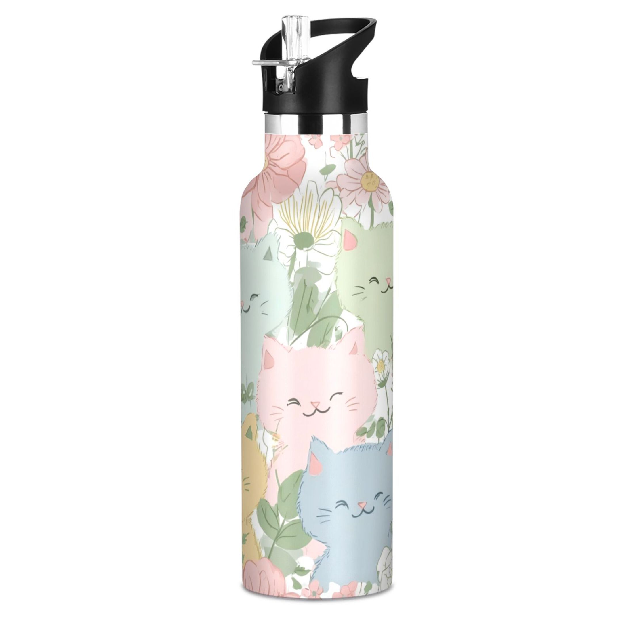 Kids Insulated Stainless Steel Sports Water Bottle 600ml (20oz) Pastel-colored Cats and Flowers