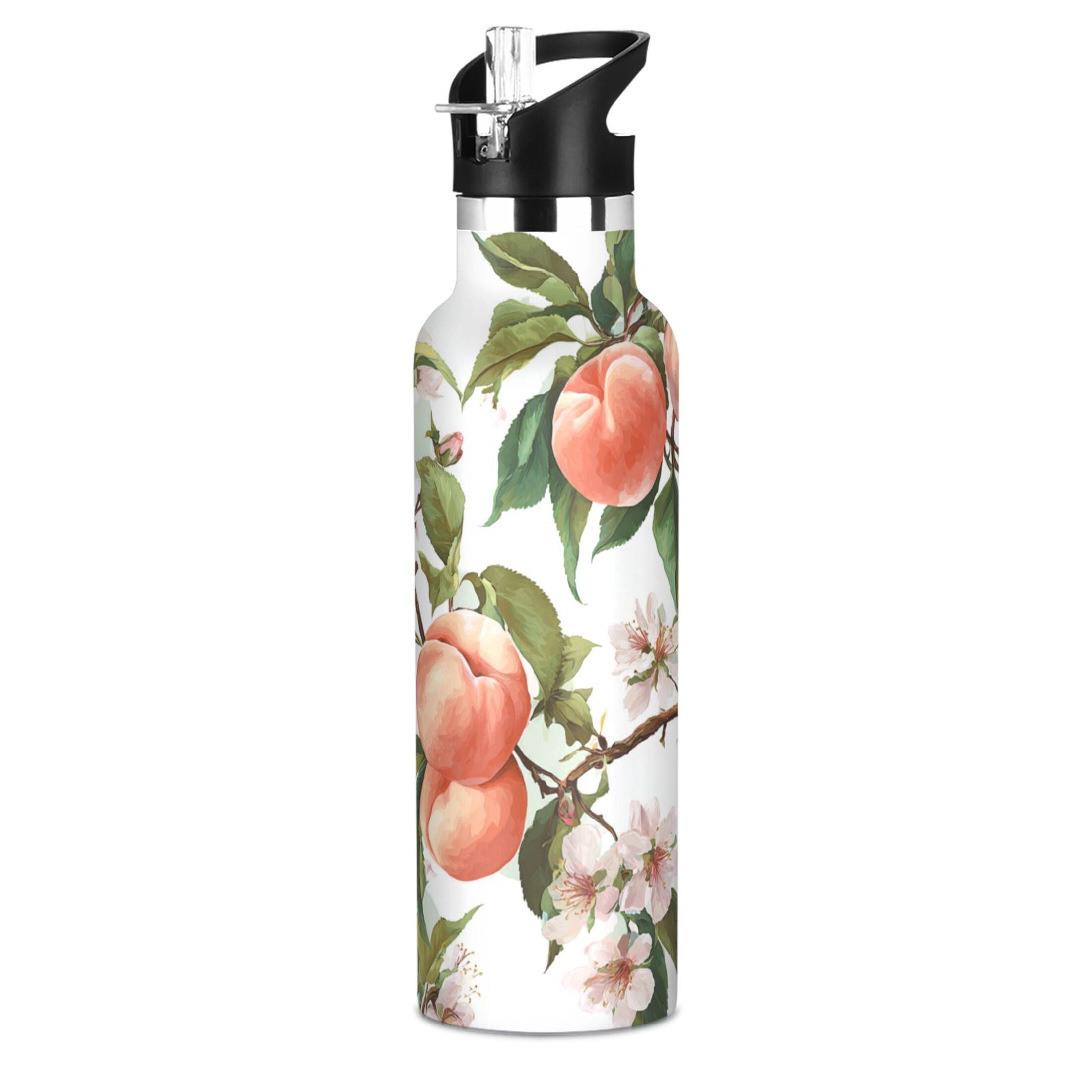 Kids Insulated Stainless Steel Sports Water Bottle 600ml (20oz) Peach Fruit Pattern