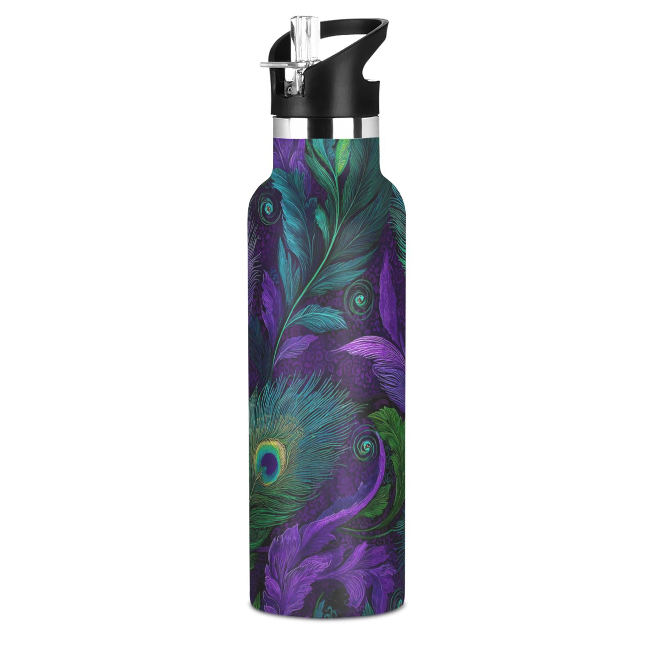 Kids Insulated Stainless Steel Sports Water Bottle 600ml (20oz) Peacock Feathers Pattern