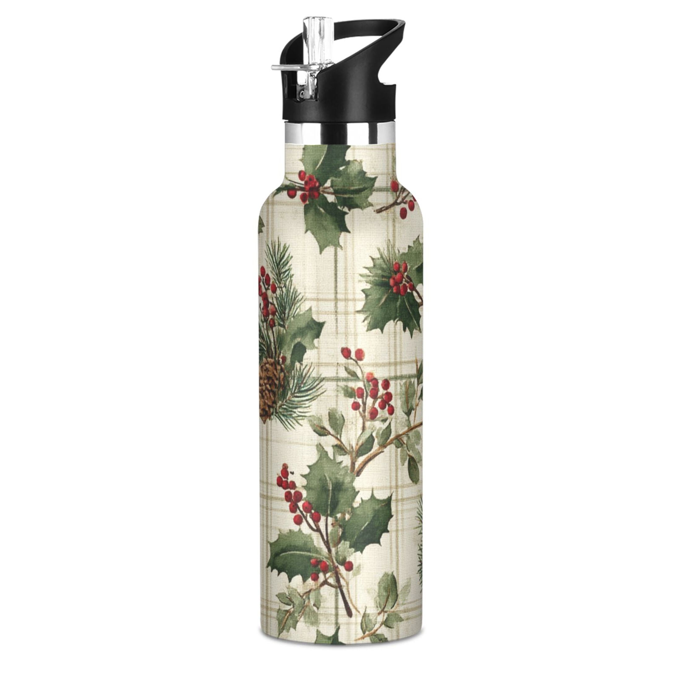 Kids Insulated Stainless Steel Sports Water Bottle 600ml (20oz) Pine Boughs and Holly Pattern