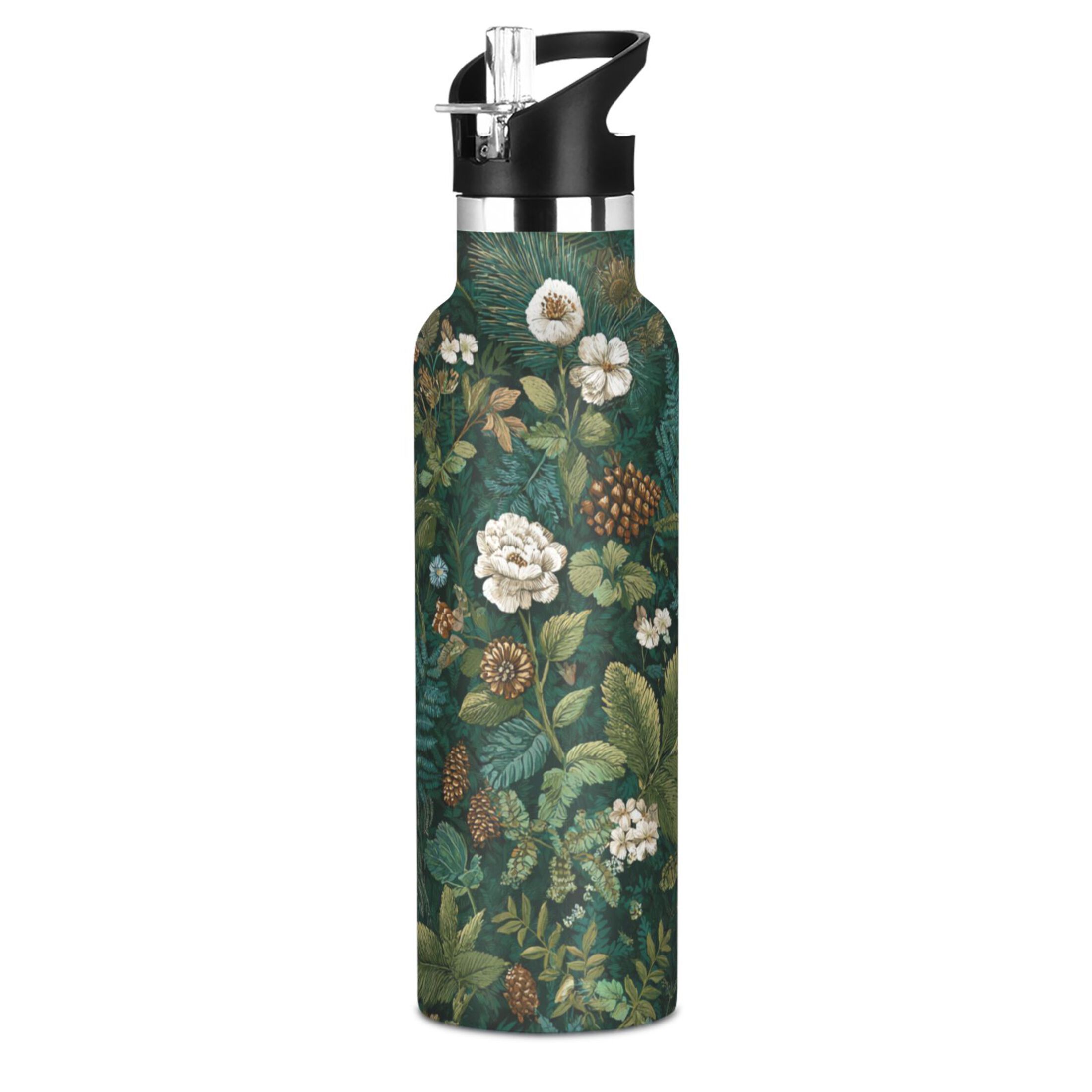 Kids Insulated Stainless Steel Sports Water Bottle 600ml (20oz) Pine Cones and Mossy Ferns