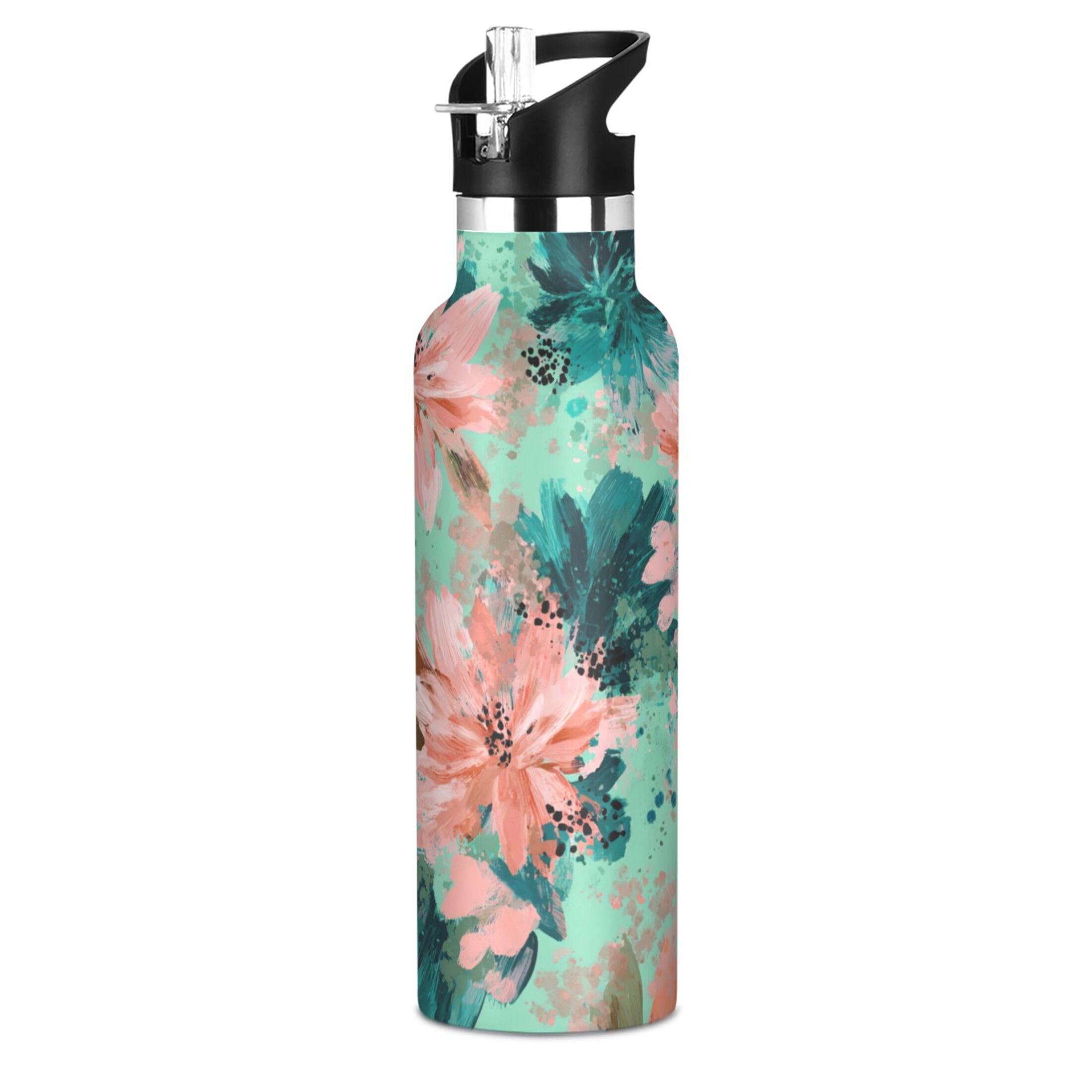 Kids Insulated Stainless Steel Sports Water Bottle 600ml (20oz) Pink Abstract Floral Patterns