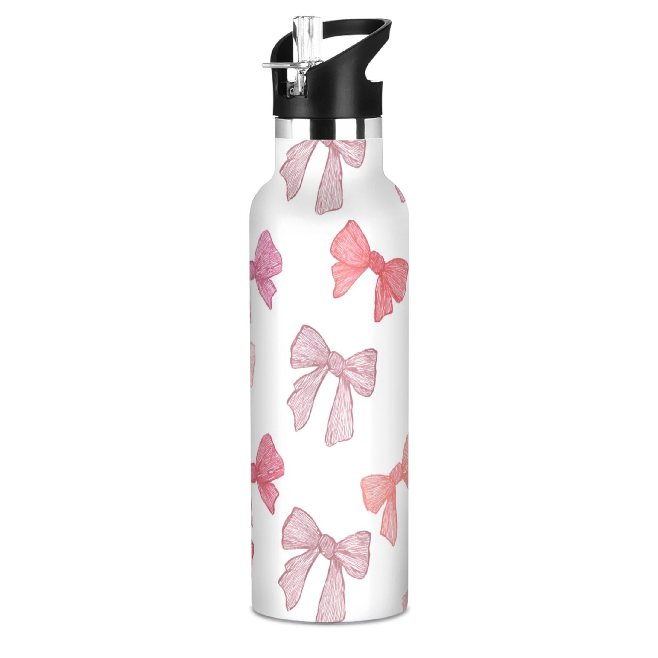 Kids Insulated Stainless Steel Sports Water Bottle 600ml (20oz) Pink Bows Pattern