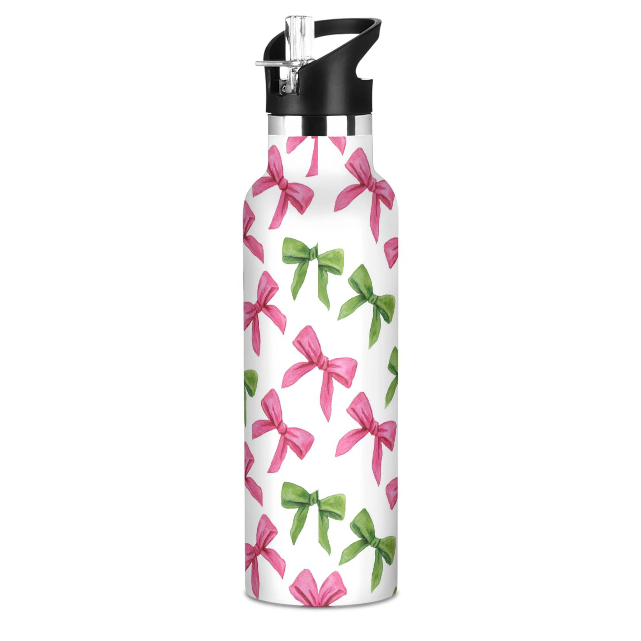 Kids Insulated Stainless Steel Sports Water Bottle 600ml (20oz) Pink Bows and Green Ribbons