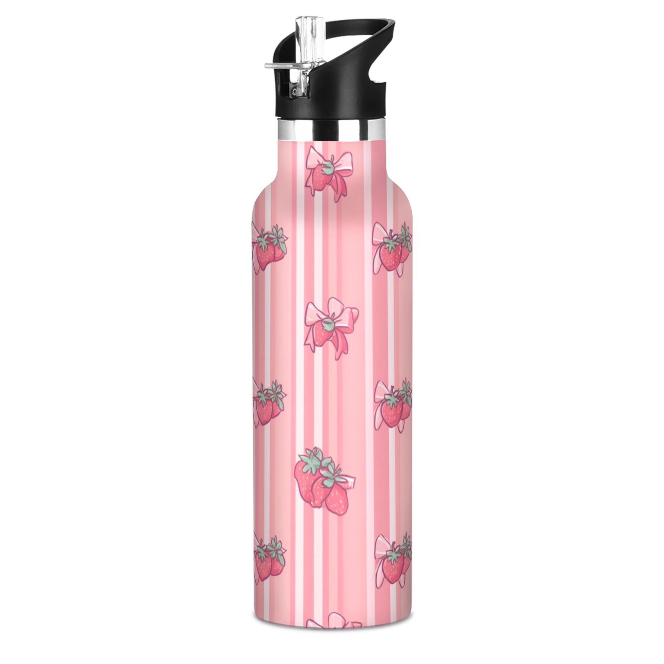 Kids Insulated Stainless Steel Sports Water Bottle 600ml (20oz) Pink Bows and Strawberries