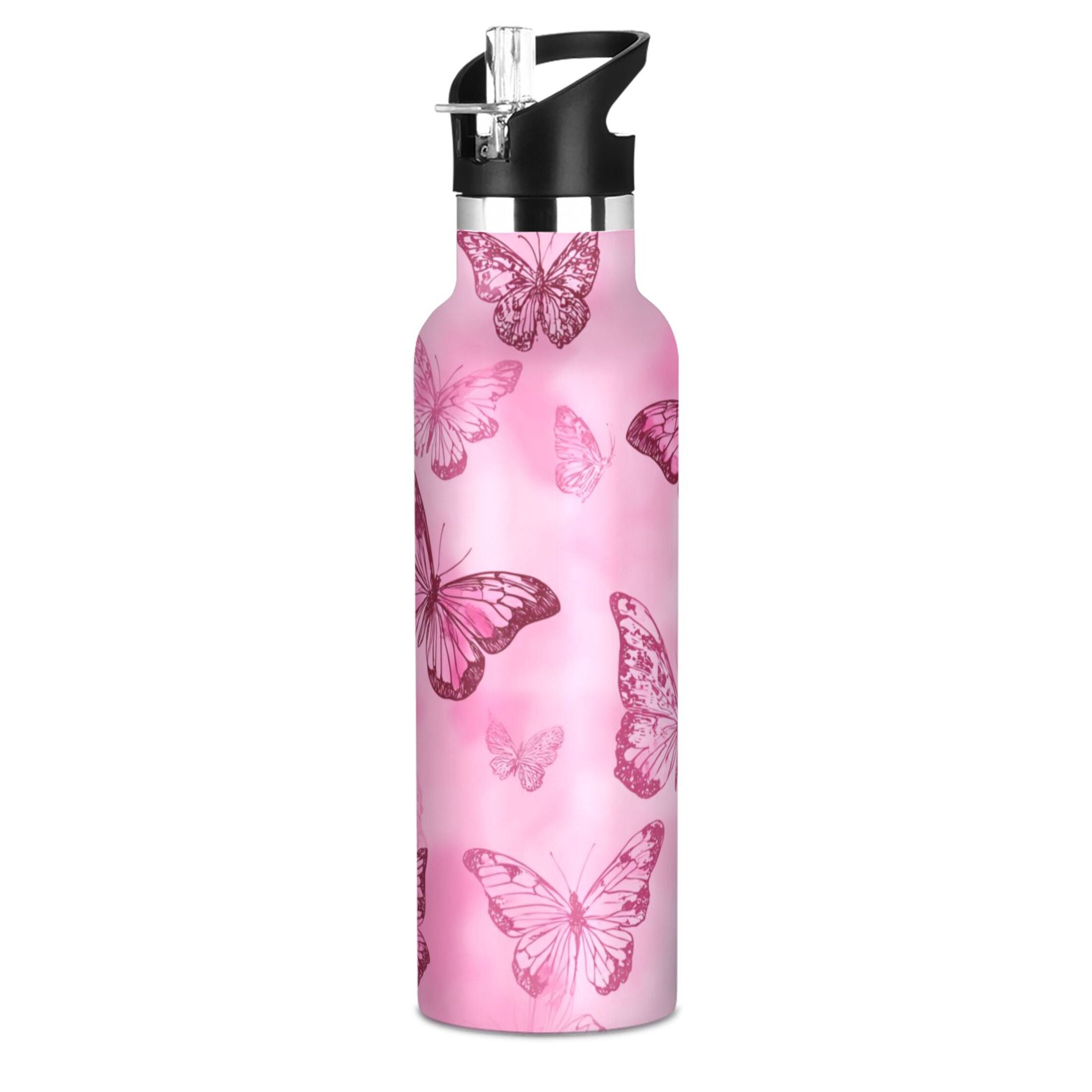 Kids Insulated Stainless Steel Sports Water Bottle 600ml (20oz) Pink Butterfly Pattern