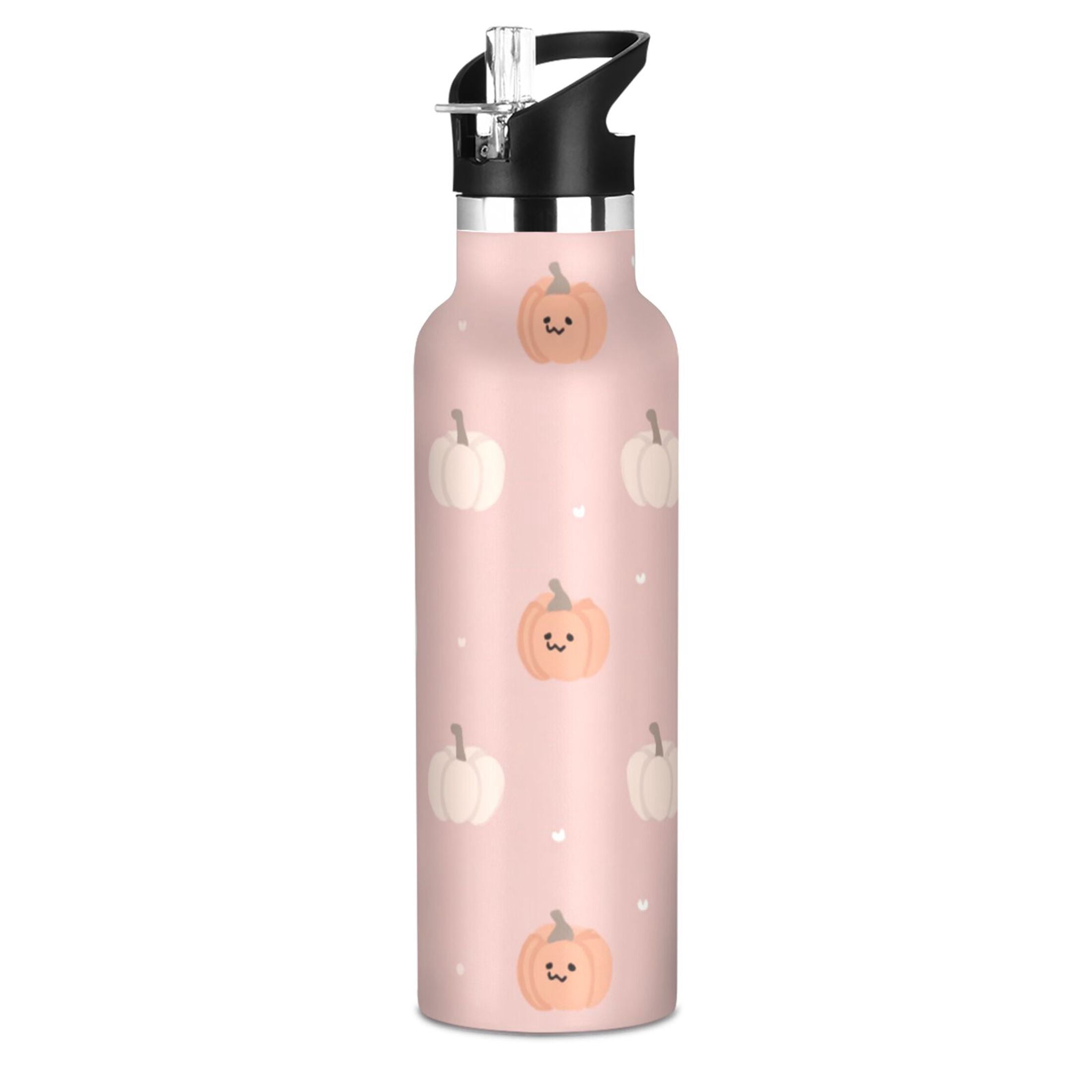 Kids Insulated Stainless Steel Sports Water Bottle 600ml (20oz) Pink Cartoon Ghosts and Pumpkins