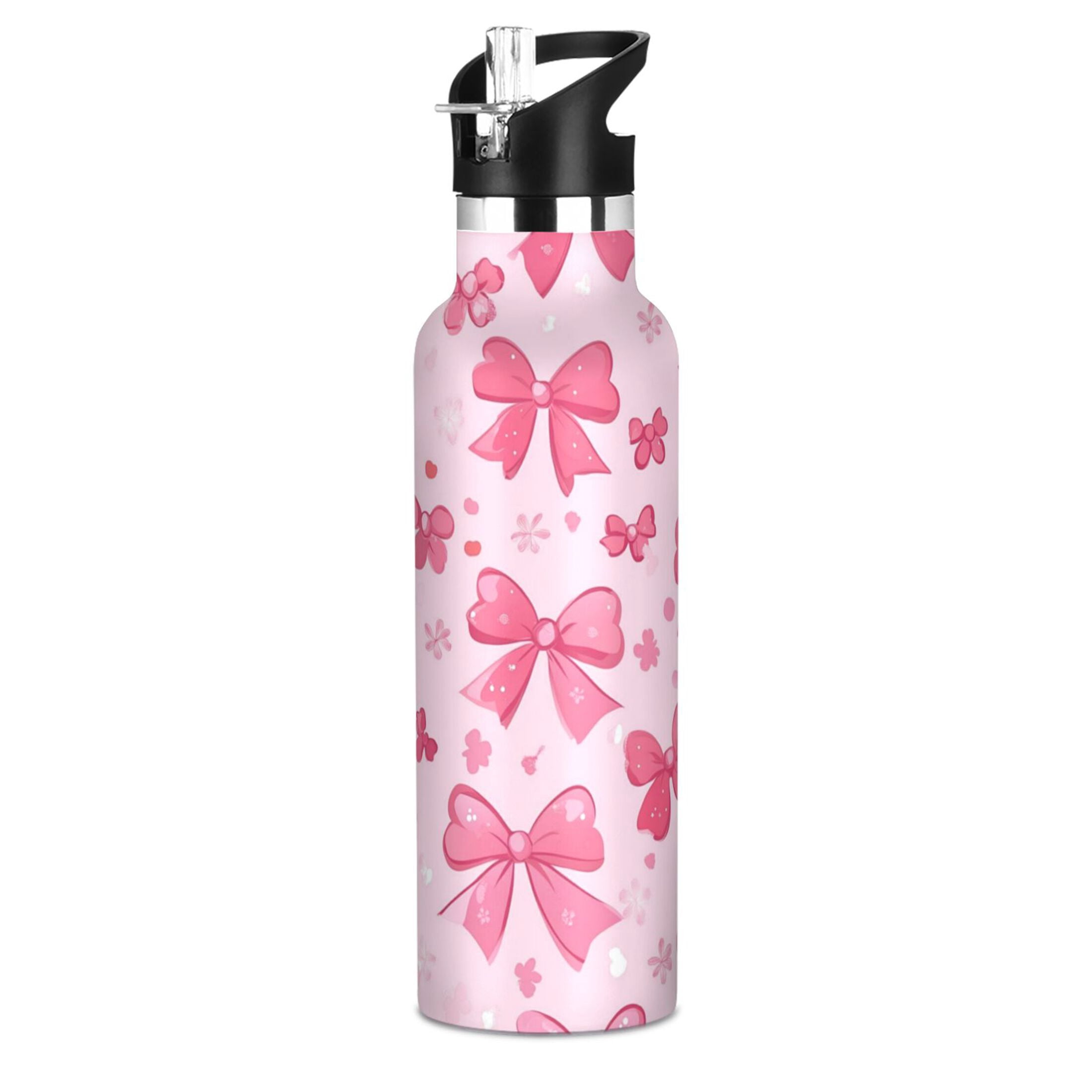 Kids Insulated Stainless Steel Sports Water Bottle 600ml (20oz) Pink Cute Bows
