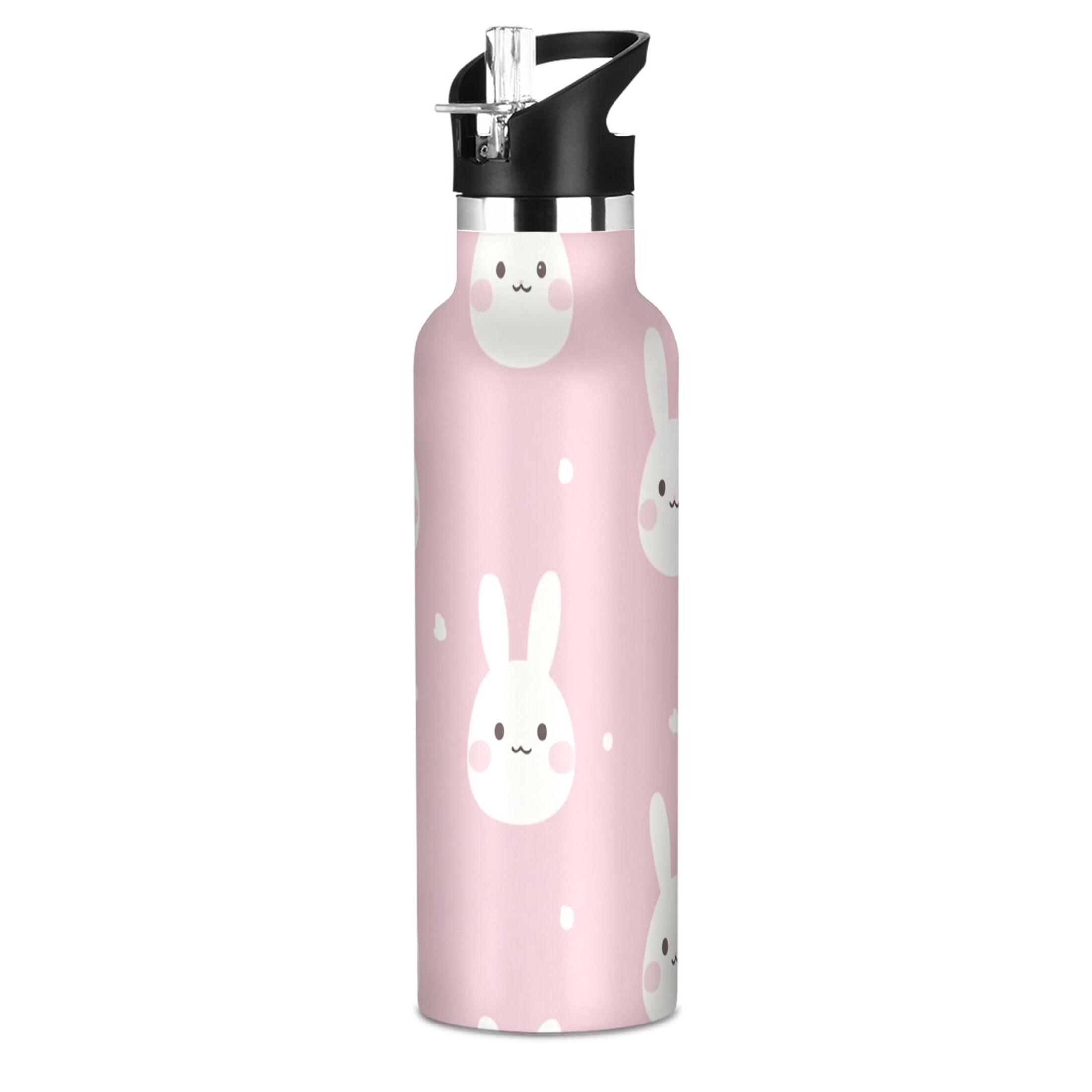 Kids Insulated Stainless Steel Sports Water Bottle 600ml (20oz) Pink Cute Bunnies