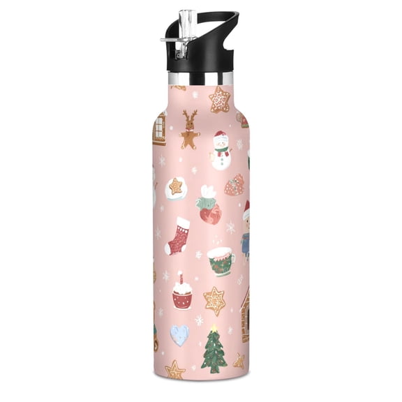Kids Insulated Stainless Steel Sports Water Bottle 600ml (20oz) Pink Cute Christmas Icons