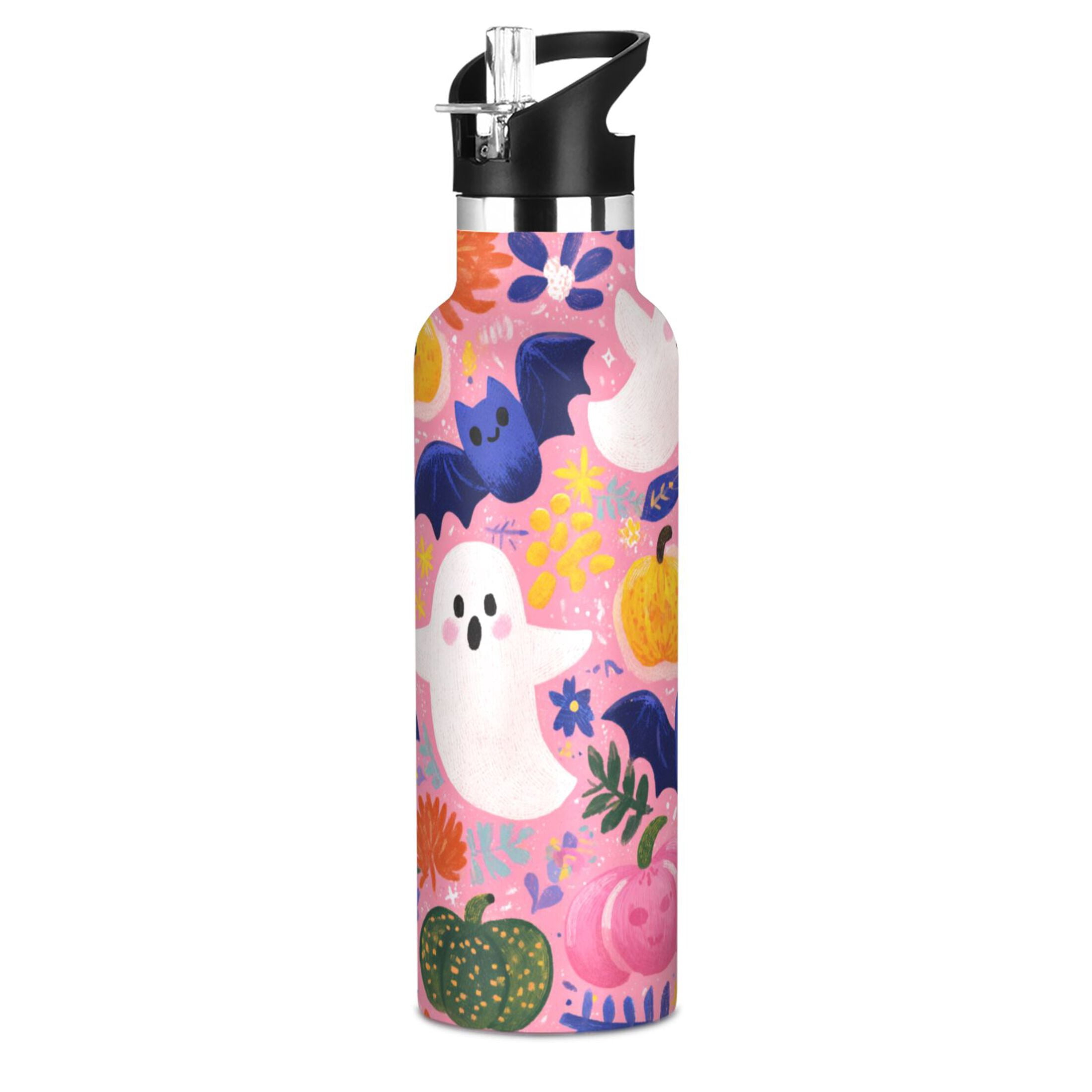 Kids Insulated Stainless Steel Sports Water Bottle 600ml (20oz) Pink Cute Halloween Ghosts Pattern