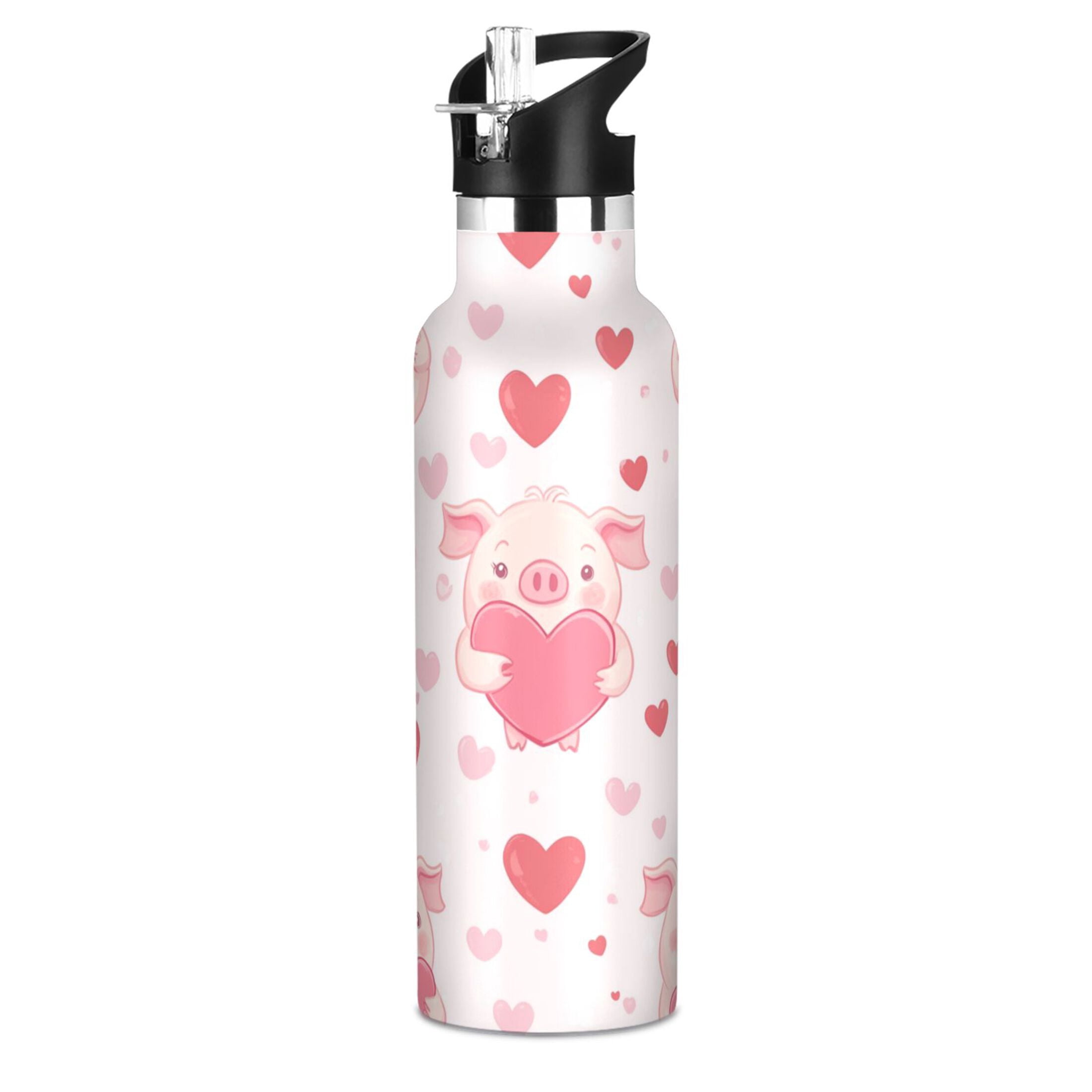 Kids Insulated Stainless Steel Sports Water Bottle 600ml (20oz) Pink Cute Pigs