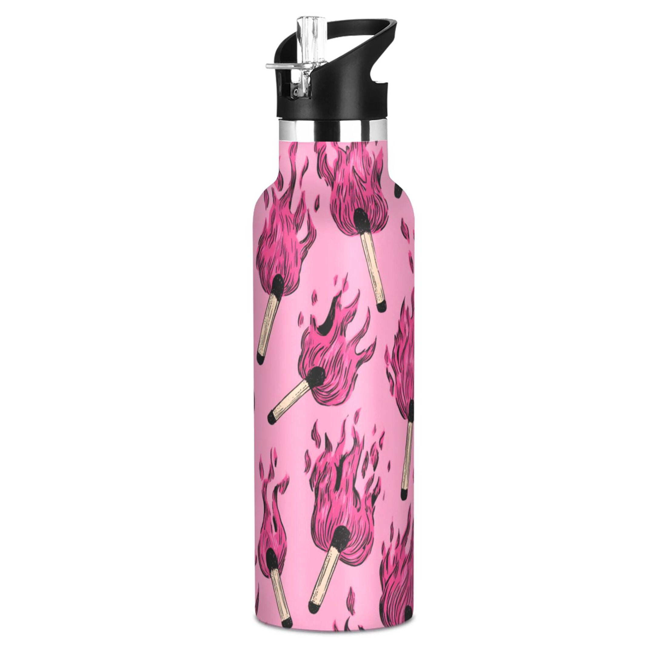 Kids Insulated Stainless Steel Sports Water Bottle 600ml (20oz) Pink Flames Pattern