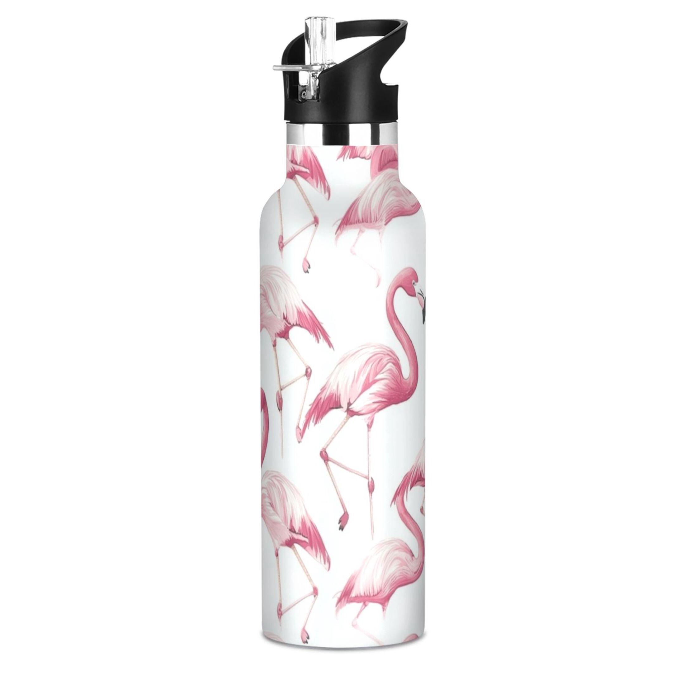Kids Insulated Stainless Steel Sports Water Bottle 600ml (20oz) Pink Flamingos Pattern