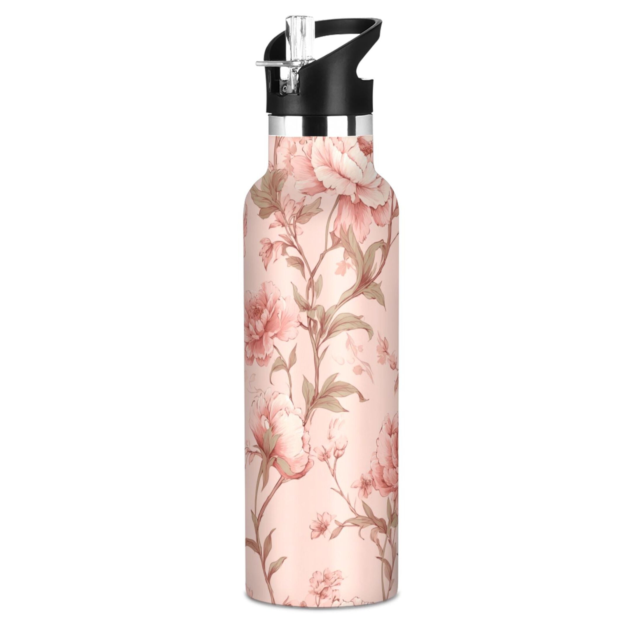 Kids Insulated Stainless Steel Sports Water Bottle 600ml (20oz) Pink Flowers