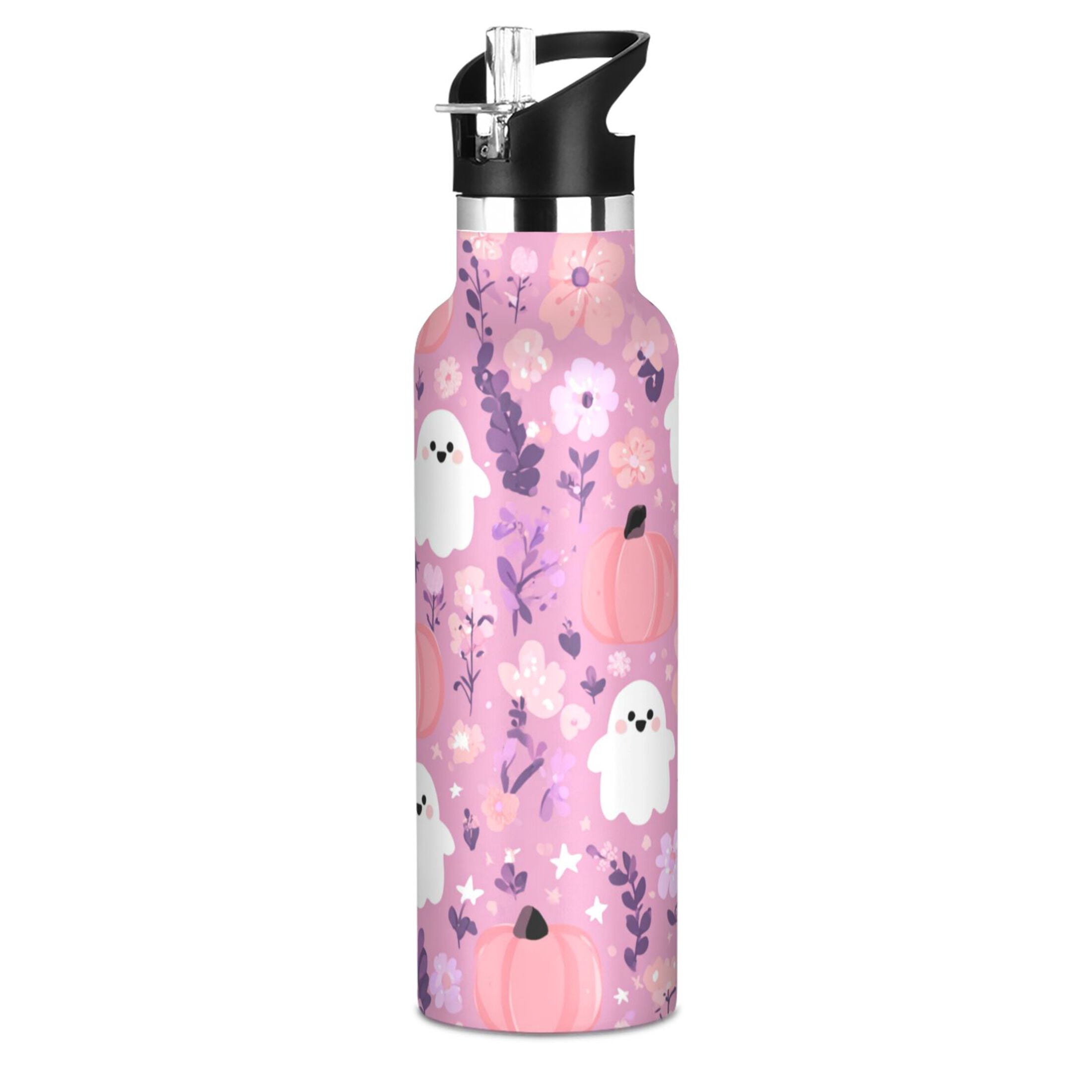 Kids Insulated Stainless Steel Sports Water Bottle 600ml (20oz) Pink Pastel Cute Halloween Pattern