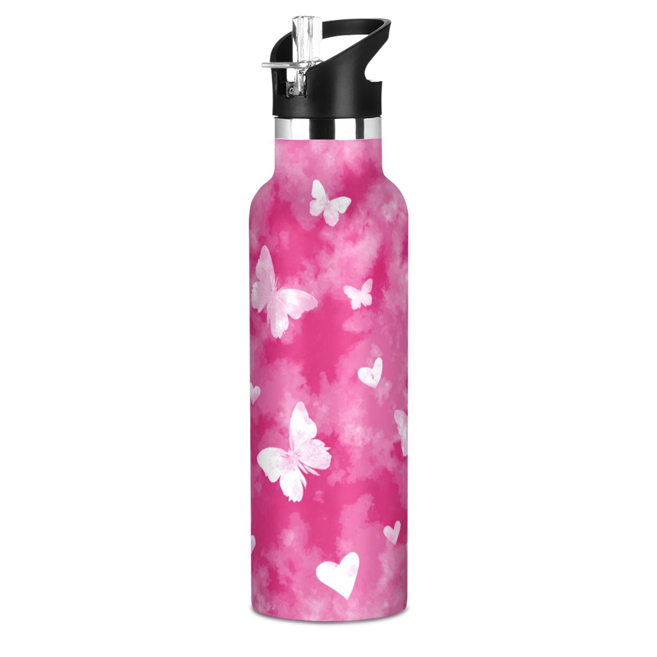 Kids Insulated Stainless Steel Sports Water Bottle 600ml (20oz) Pink Tie-dye with Butterflies