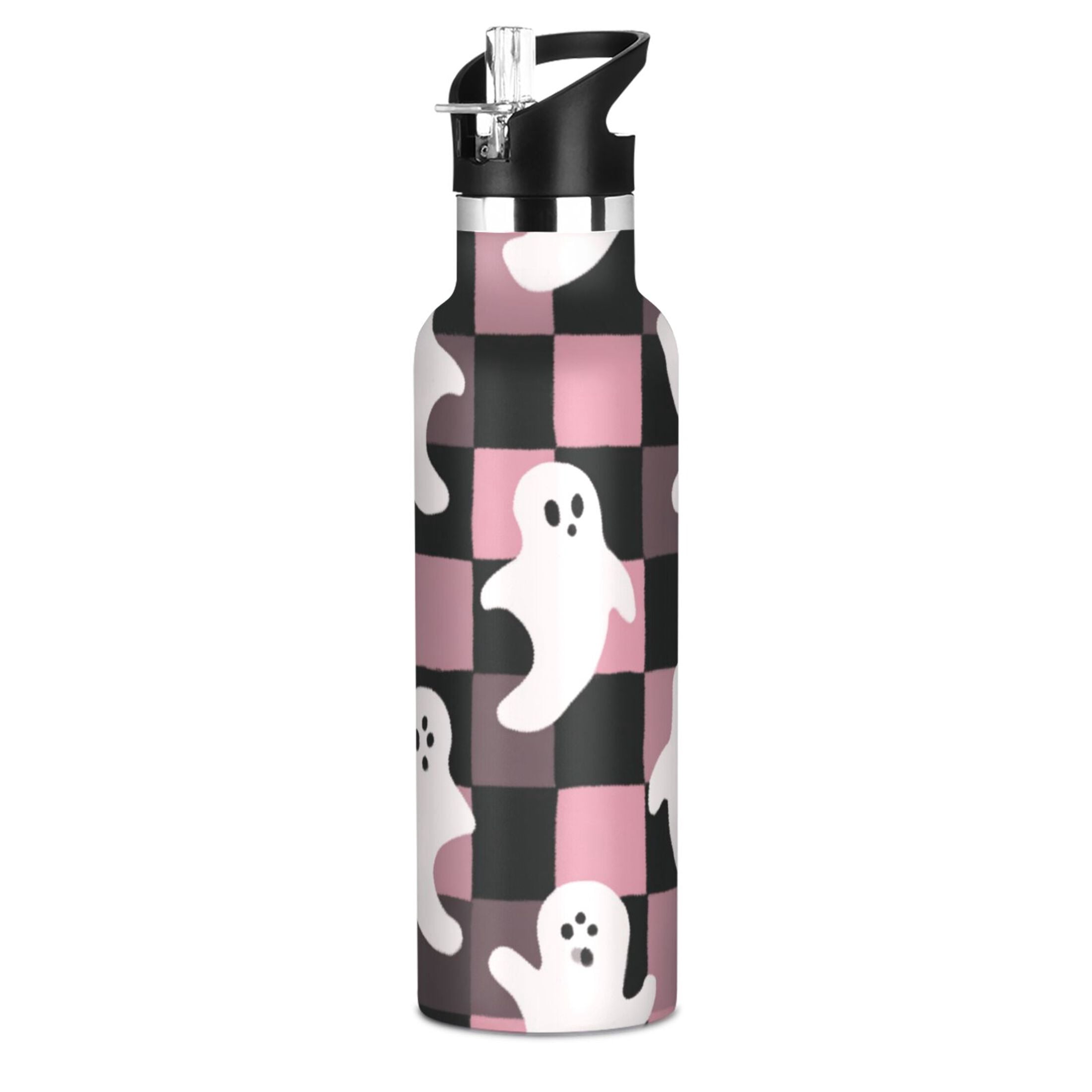Kids Insulated Stainless Steel Sports Water Bottle 600ml (20oz) Pink and Black Cartoon Ghosts