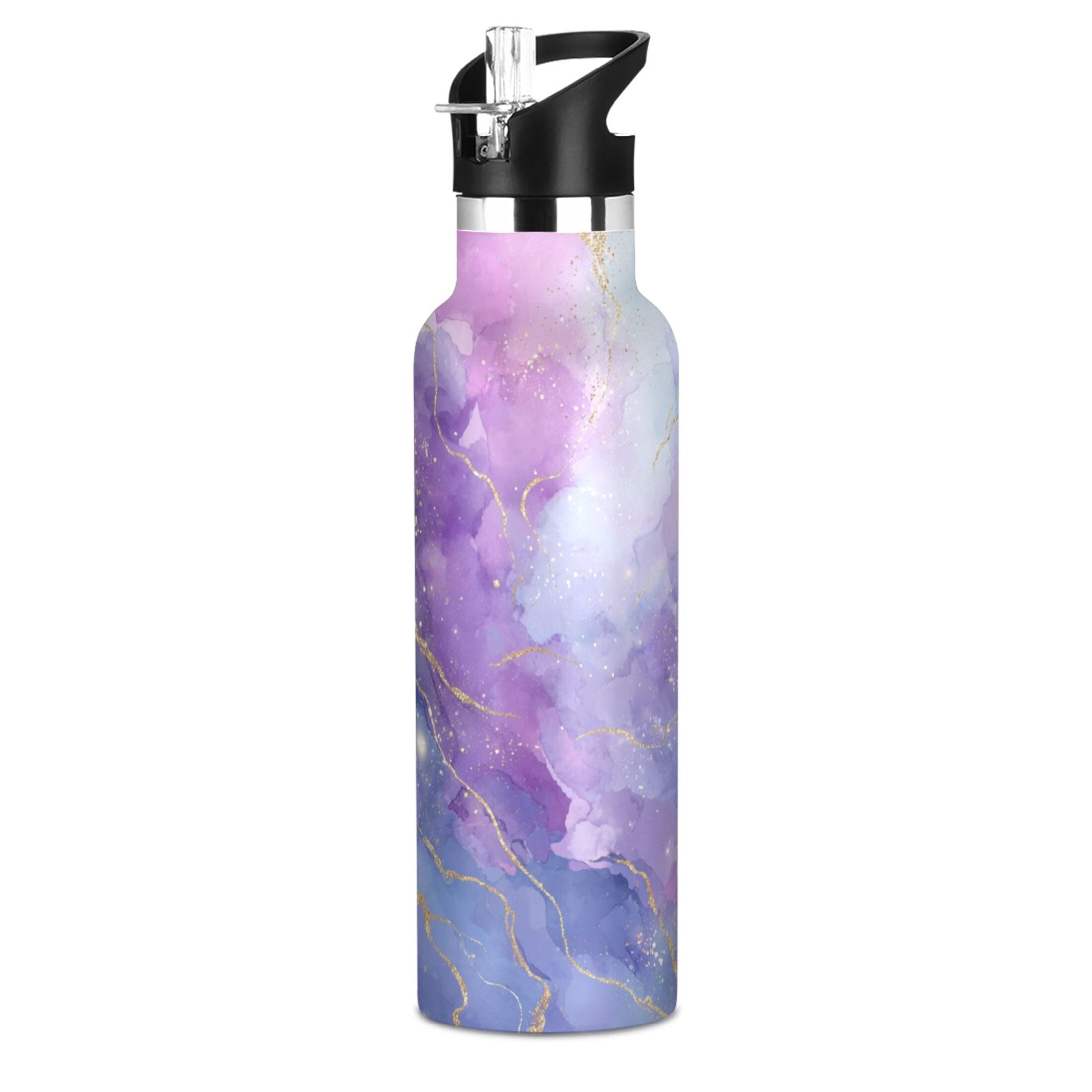 Kids Insulated Stainless Steel Sports Water Bottle 600ml (20oz) Pink and Blue Marble Texture