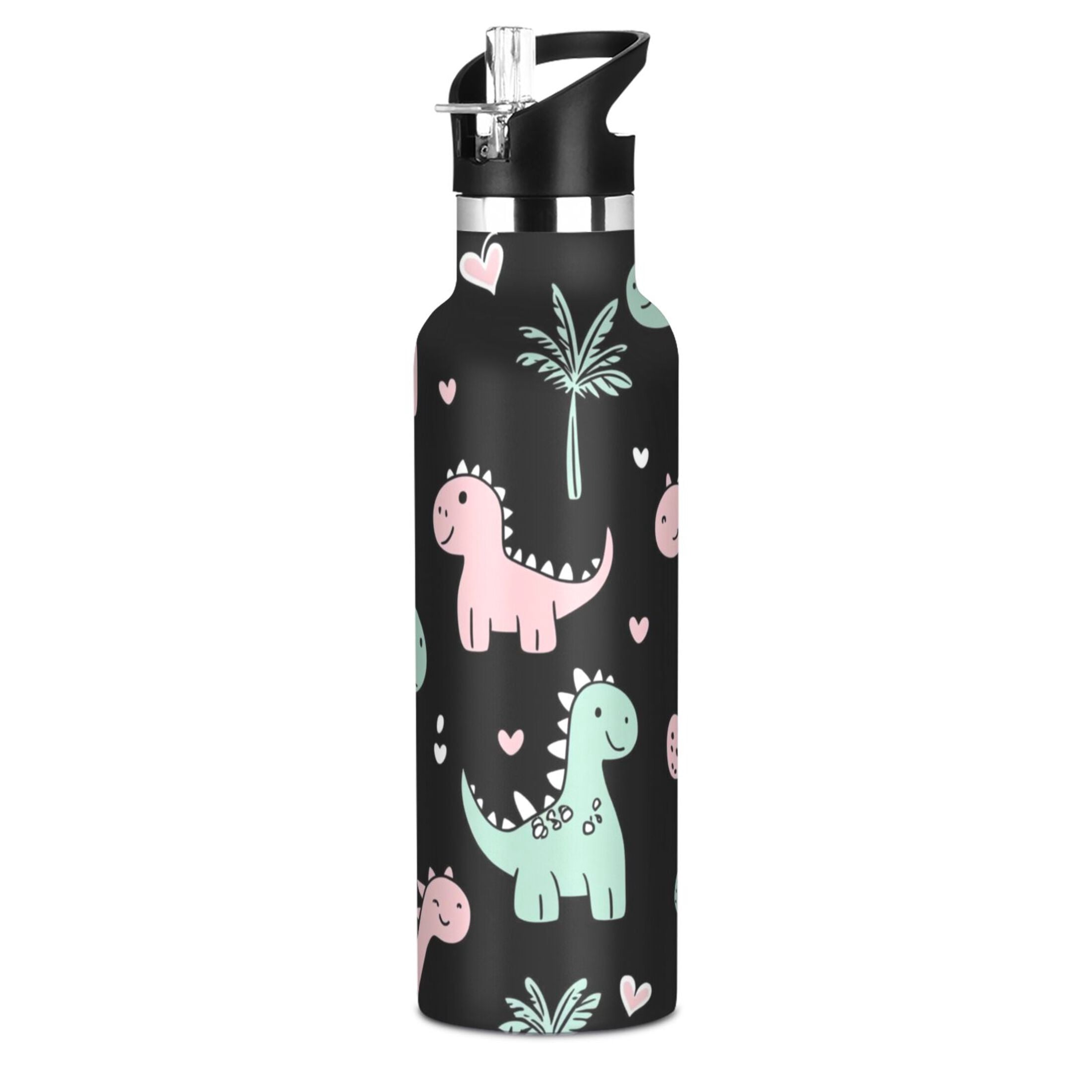 Kids Insulated Stainless Steel Sports Water Bottle 600ml (20oz) Pink and Green Dinosaurs