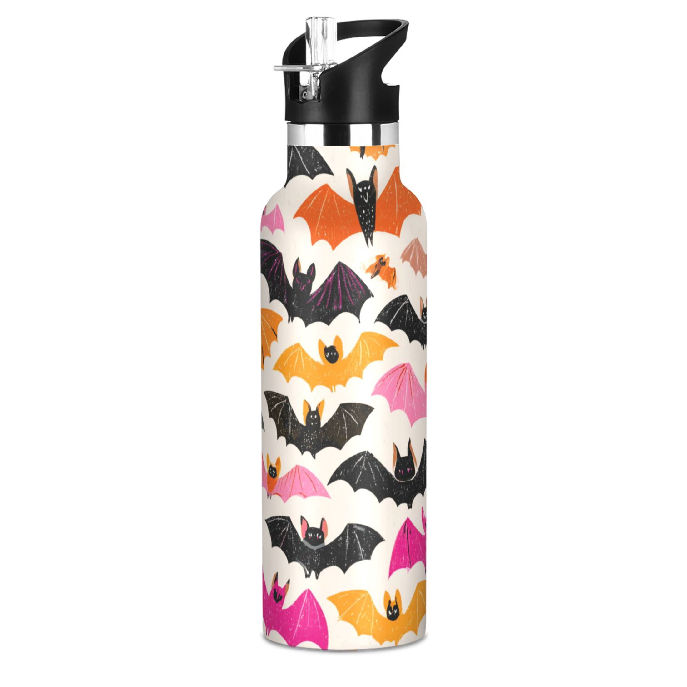 Kids Insulated Stainless Steel Sports Water Bottle 600ml (20oz) Pink and Orange Bats