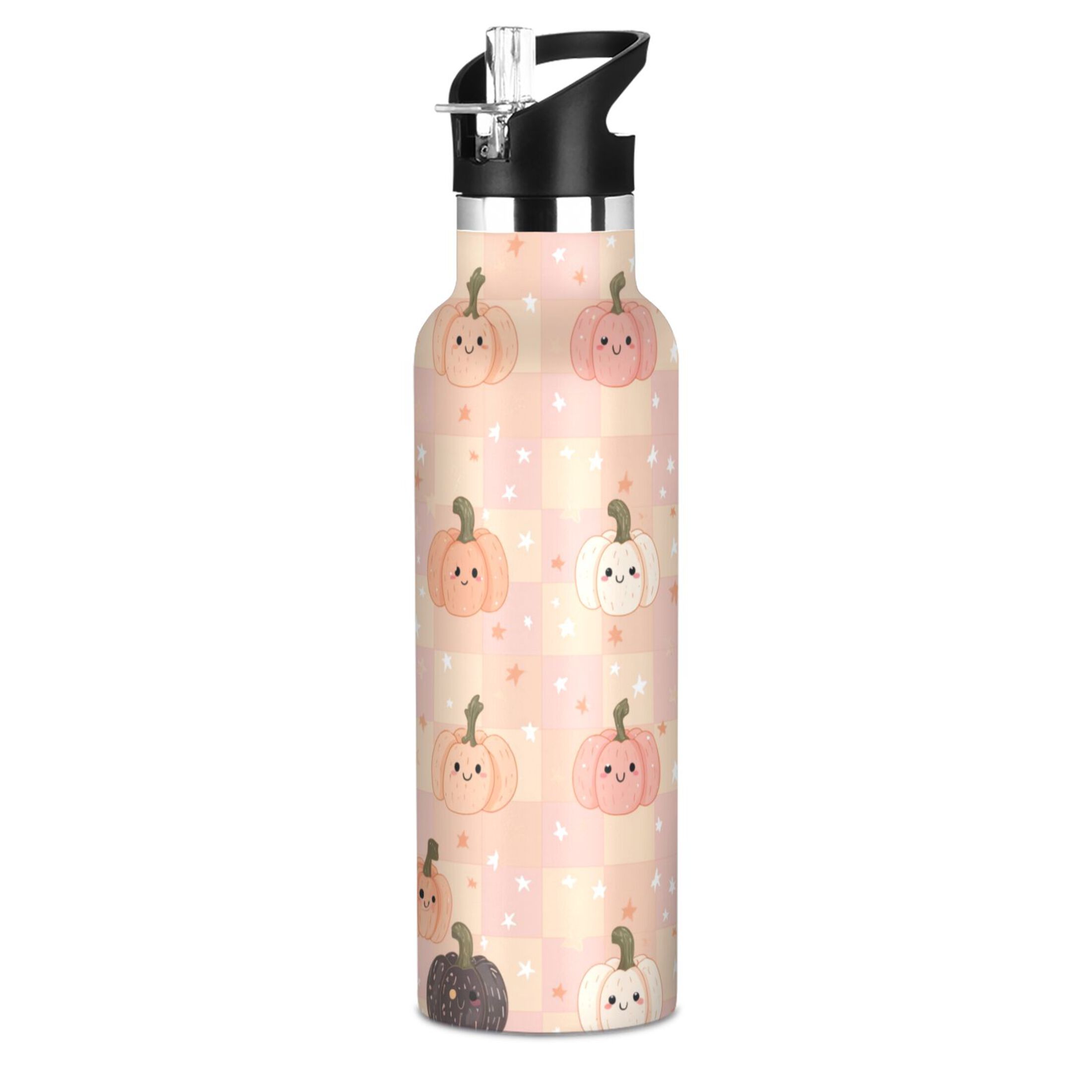 Kids Insulated Stainless Steel Sports Water Bottle 600ml (20oz) Pink and Peach Halloween Pattern