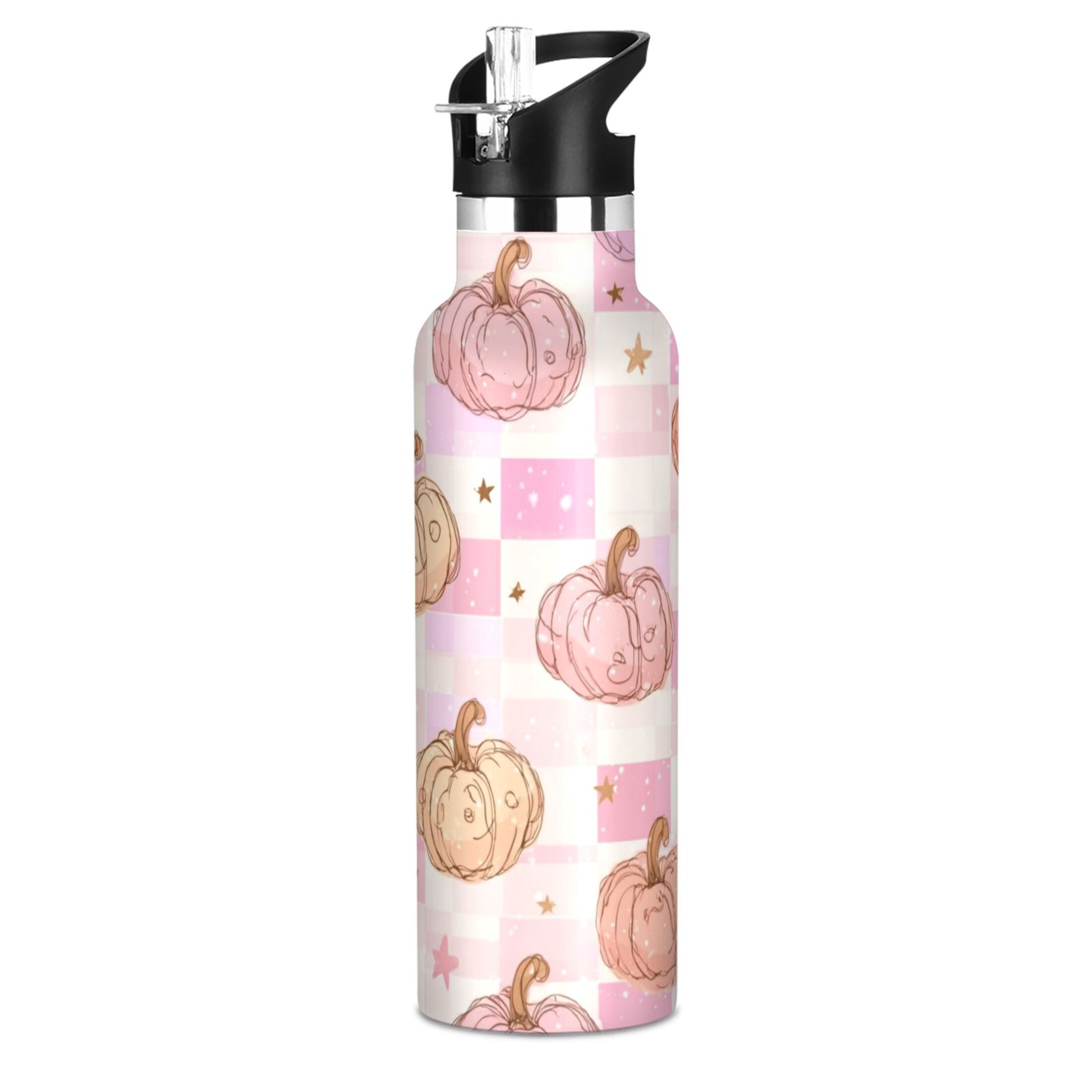Kids Insulated Stainless Steel Sports Water Bottle 600ml (20oz) Pink and Peach-colored Pumpkins