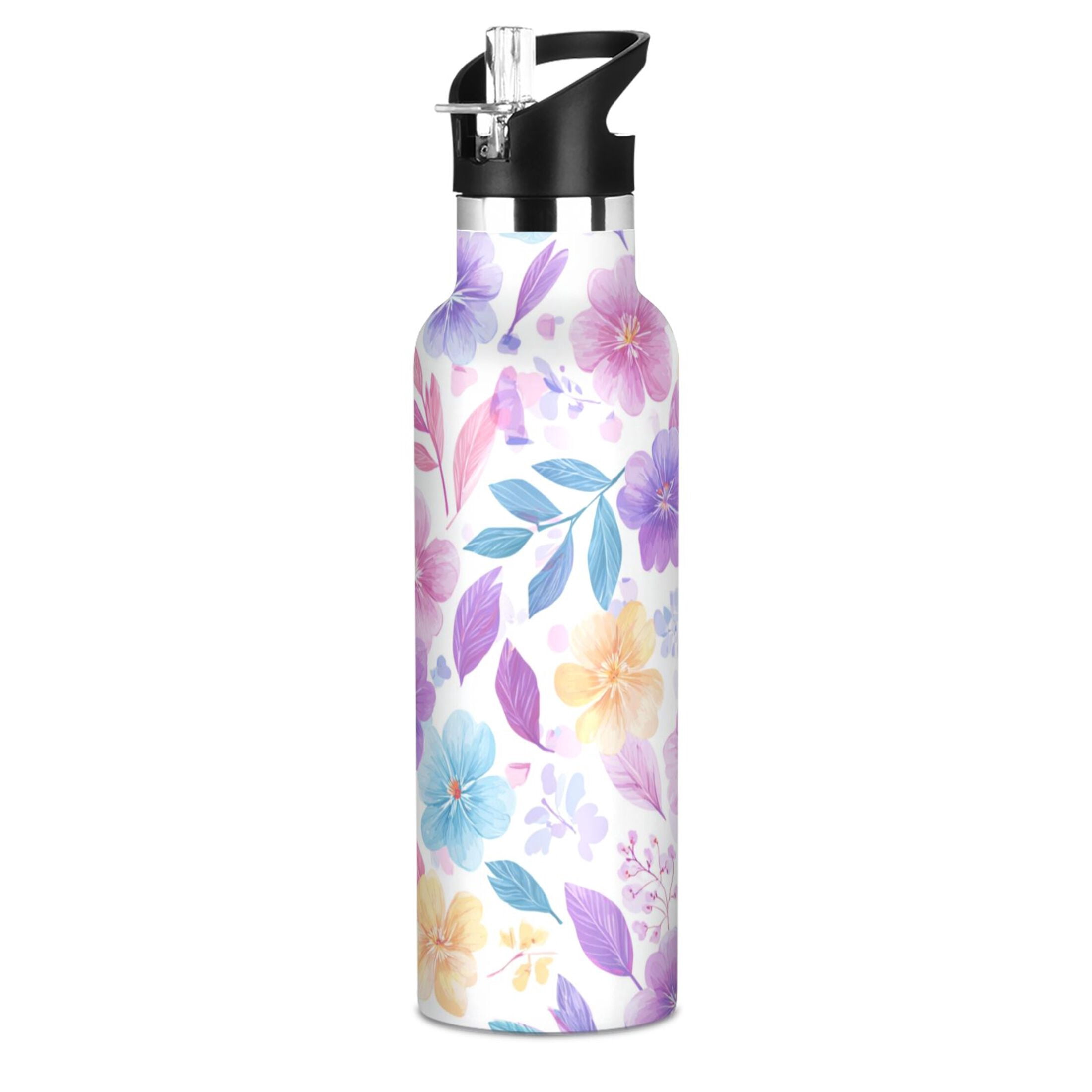 Kids Insulated Stainless Steel Sports Water Bottle 600ml (20oz) Pink and Purple Flowers