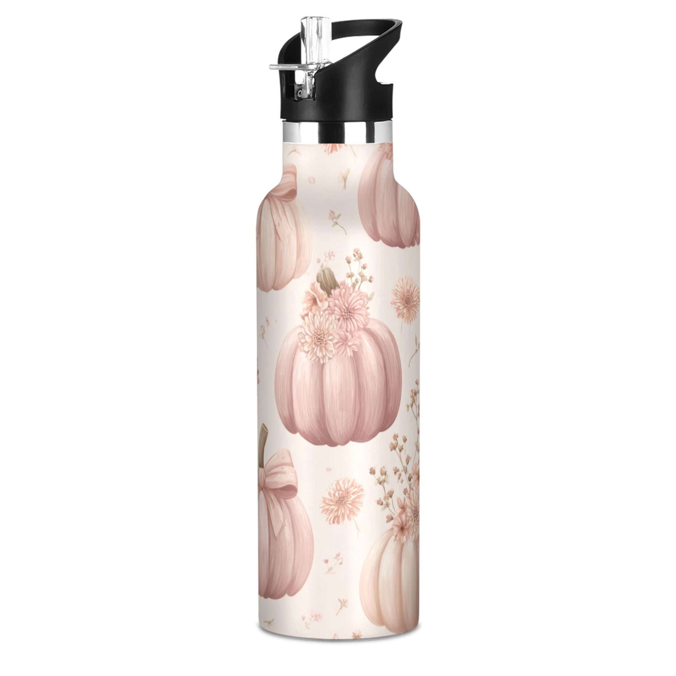 Kids Insulated Stainless Steel Sports Water Bottle 600ml (20oz) Pumpkins Adorned in Bows and Flowers