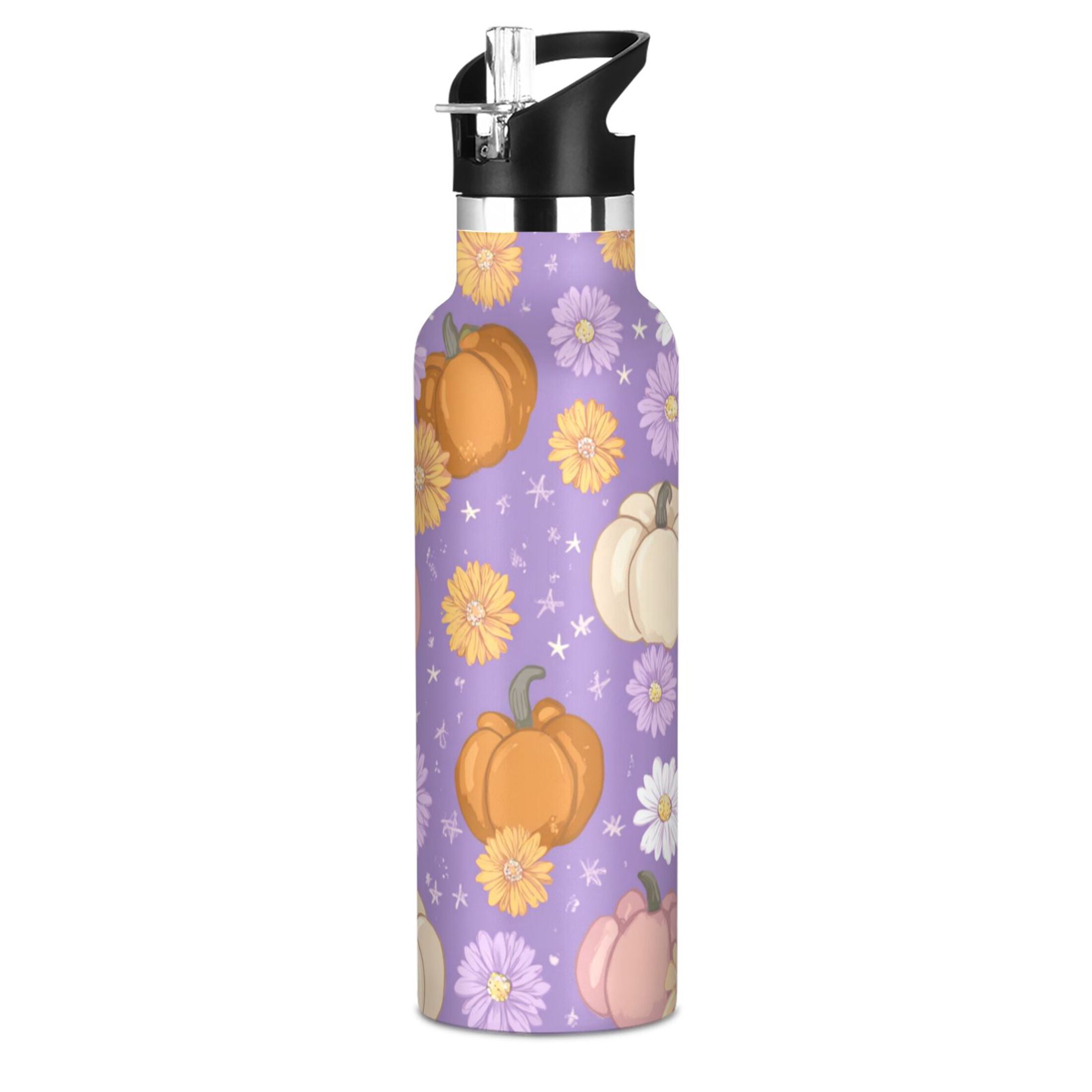 Kids Insulated Stainless Steel Sports Water Bottle 600ml (20oz) Pumpkins and Daisies