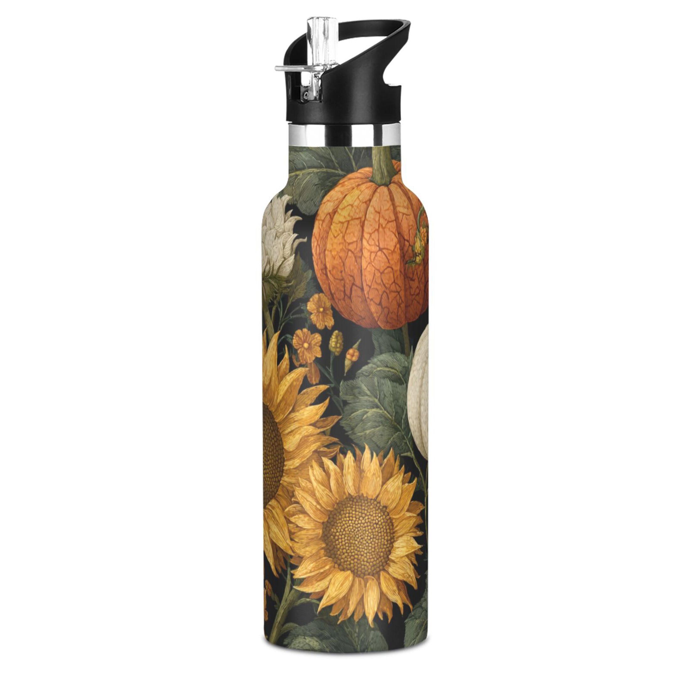 Kids Insulated Stainless Steel Sports Water Bottle 600ml (20oz) Pumpkins and Sunflowers Pattern