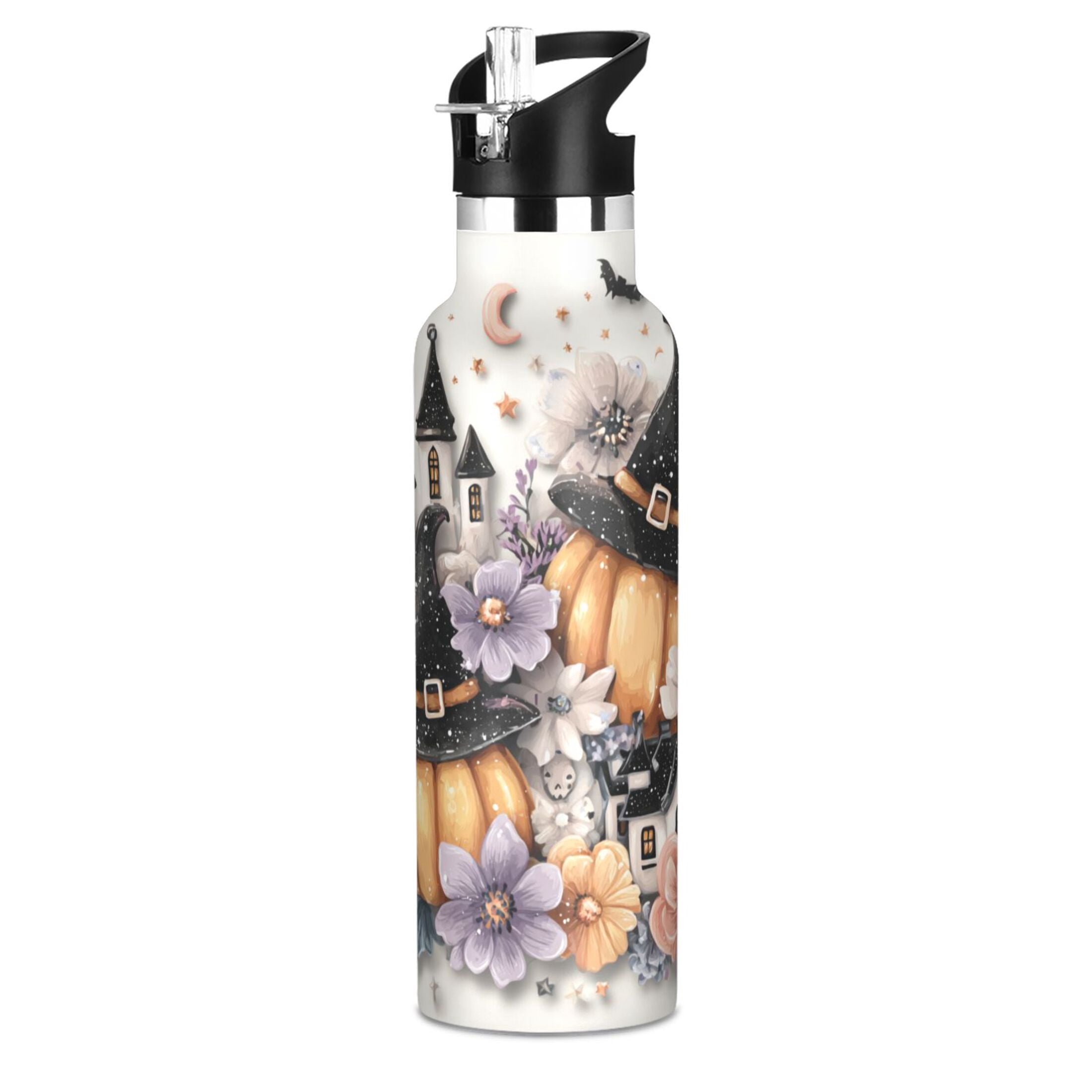 Kids Insulated Stainless Steel Sports Water Bottle 600ml (20oz) Pumpkins and Witch Hats