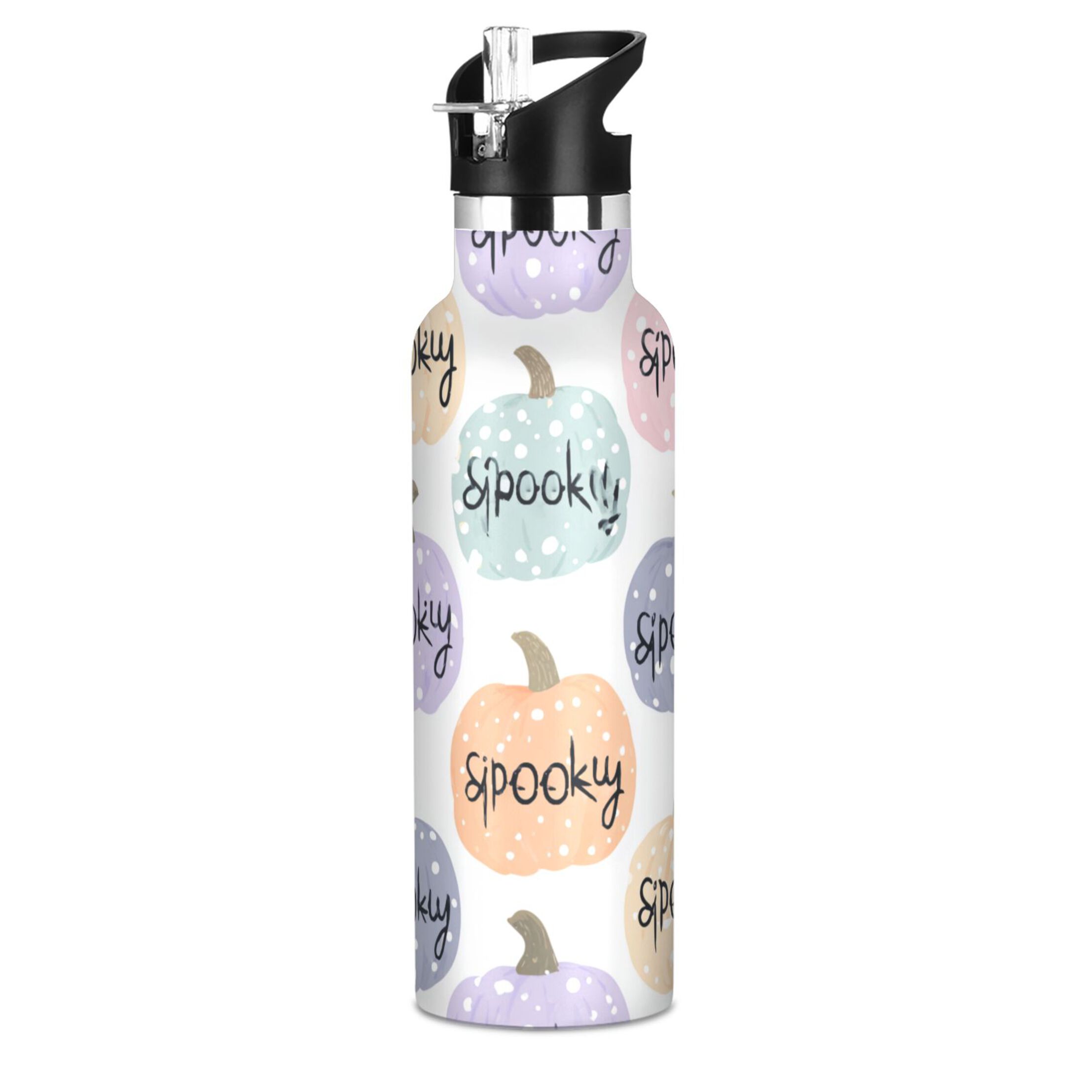 Kids Insulated Stainless Steel Sports Water Bottle 600ml (20oz) Pumpkins with Spooky Text