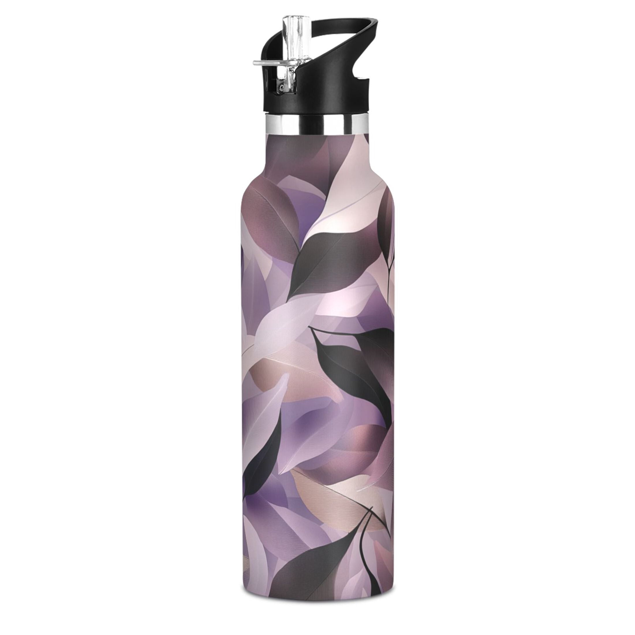 Kids Insulated Stainless Steel Sports Water Bottle 600ml (20oz) Purple Abstract Leaves