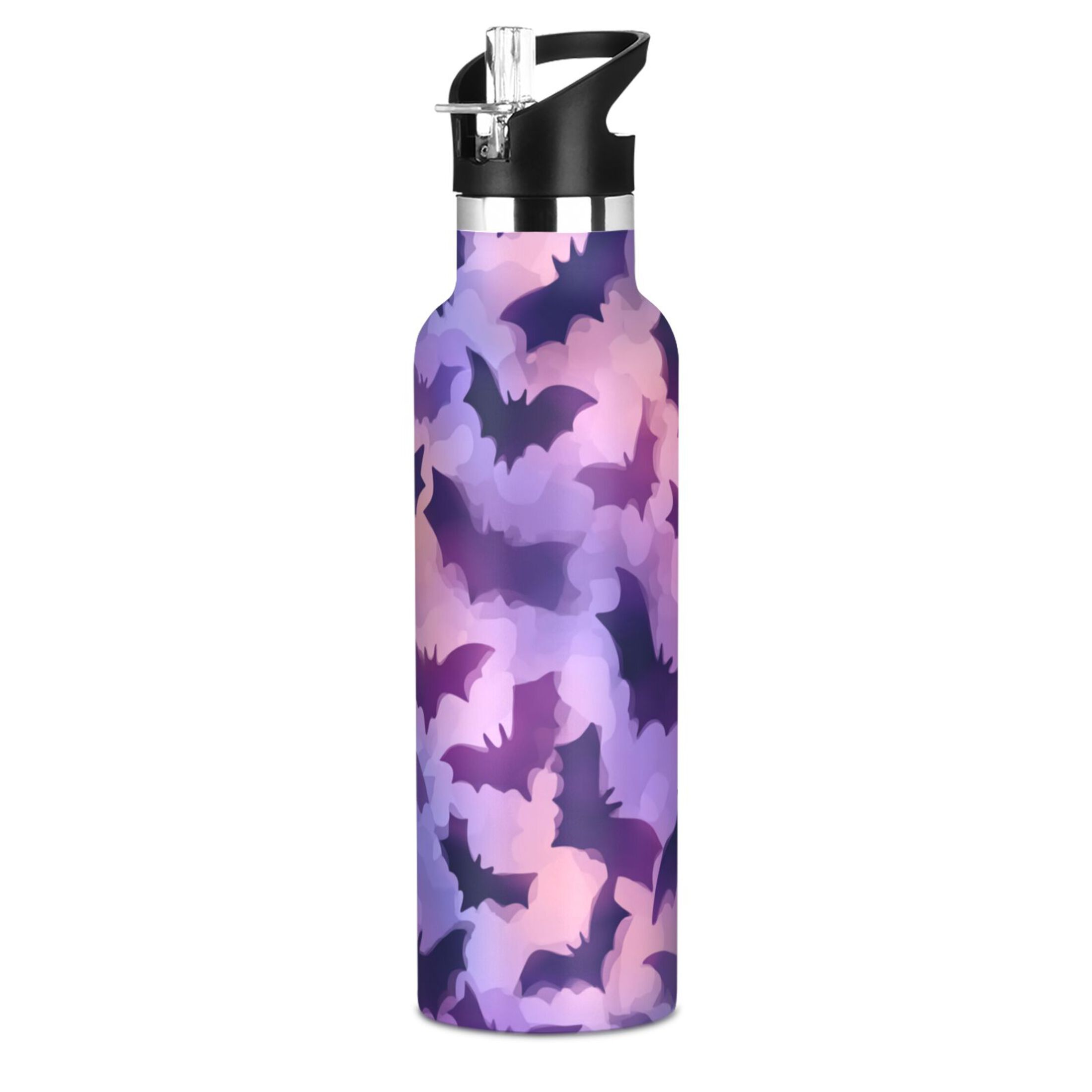 Kids Insulated Stainless Steel Sports Water Bottle 600ml (20oz) Purple Bats Pattern