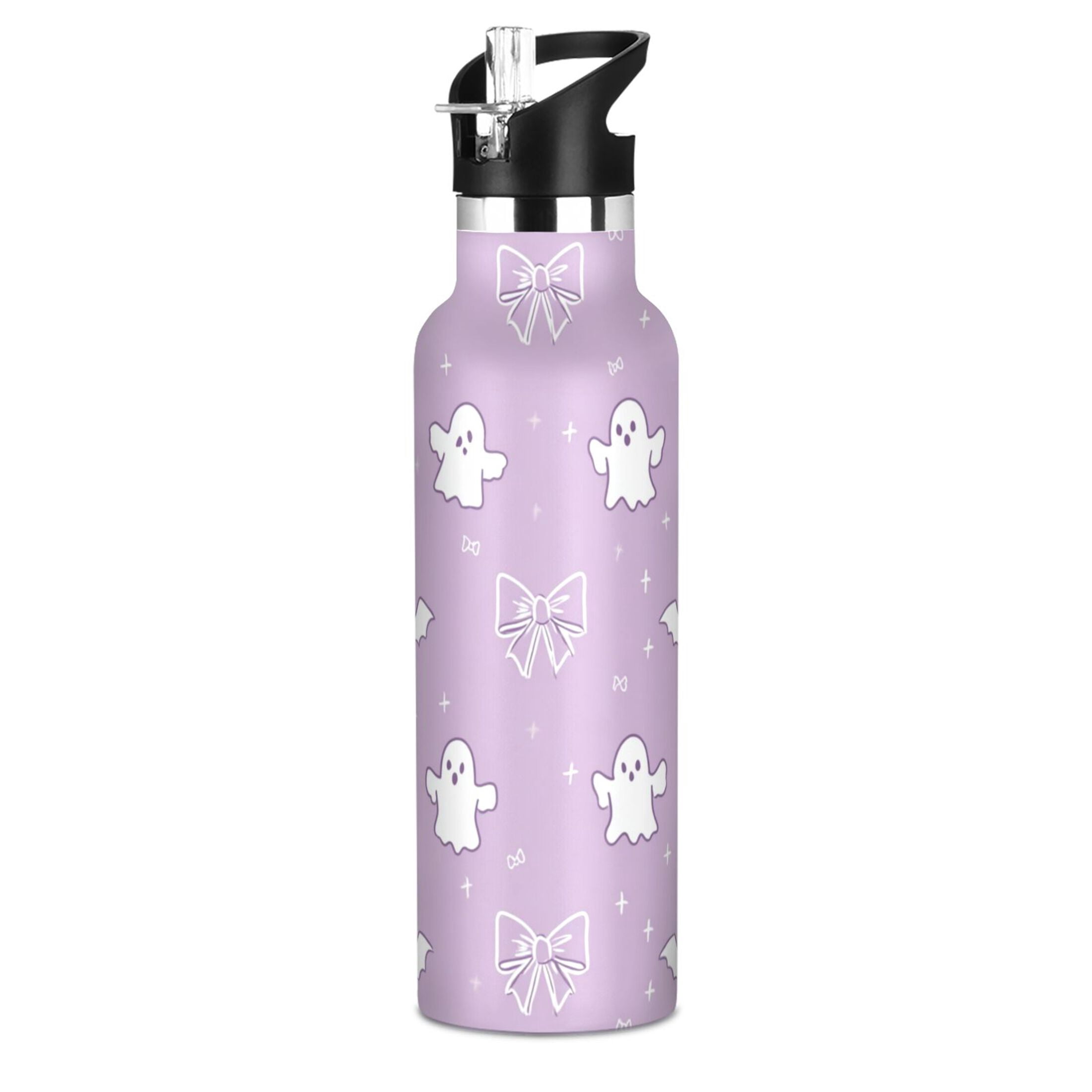 Kids Insulated Stainless Steel Sports Water Bottle 600ml (20oz) Purple Bows and Bats