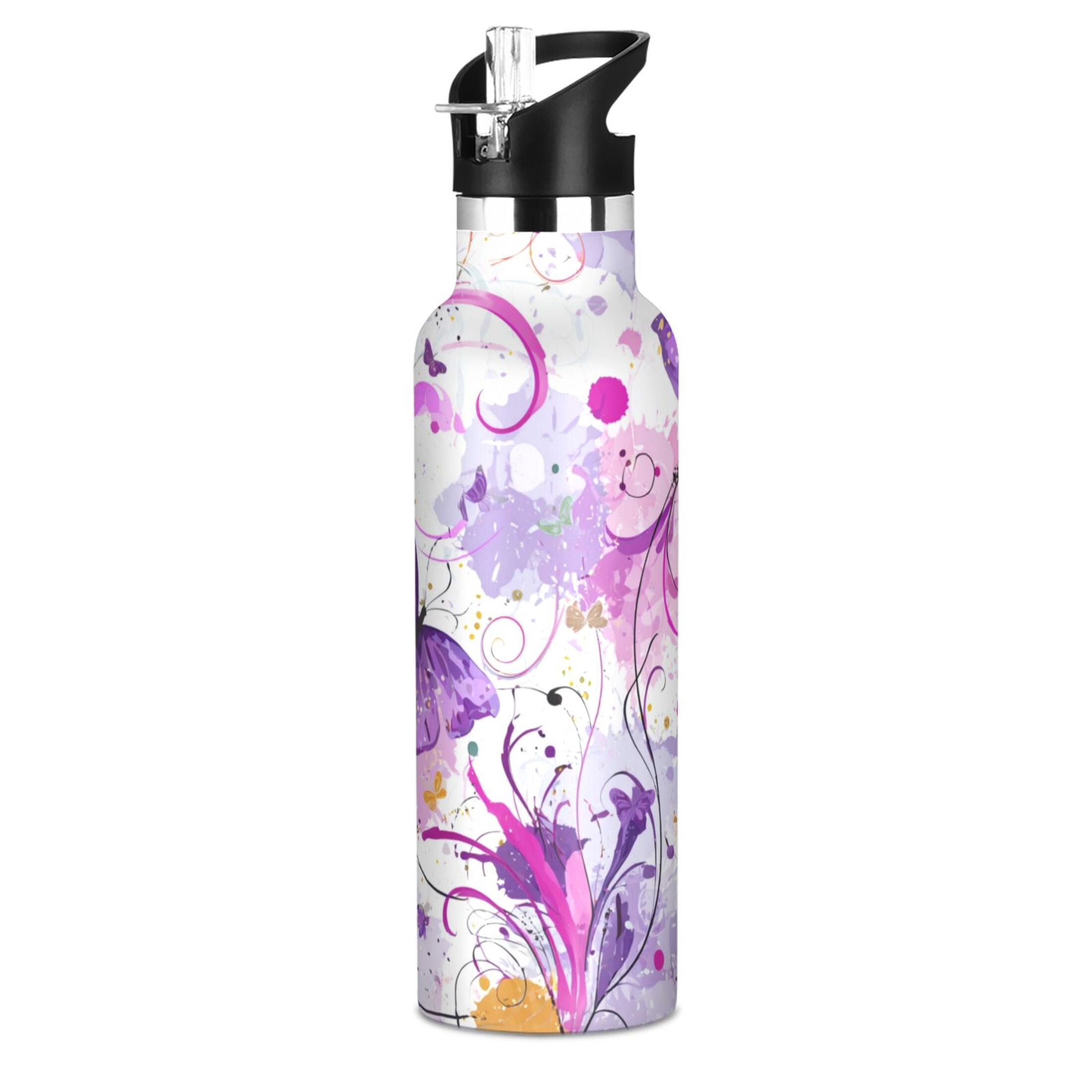 Kids Insulated Stainless Steel Sports Water Bottle 600ml (20oz) Purple Butterfly with Swirls
