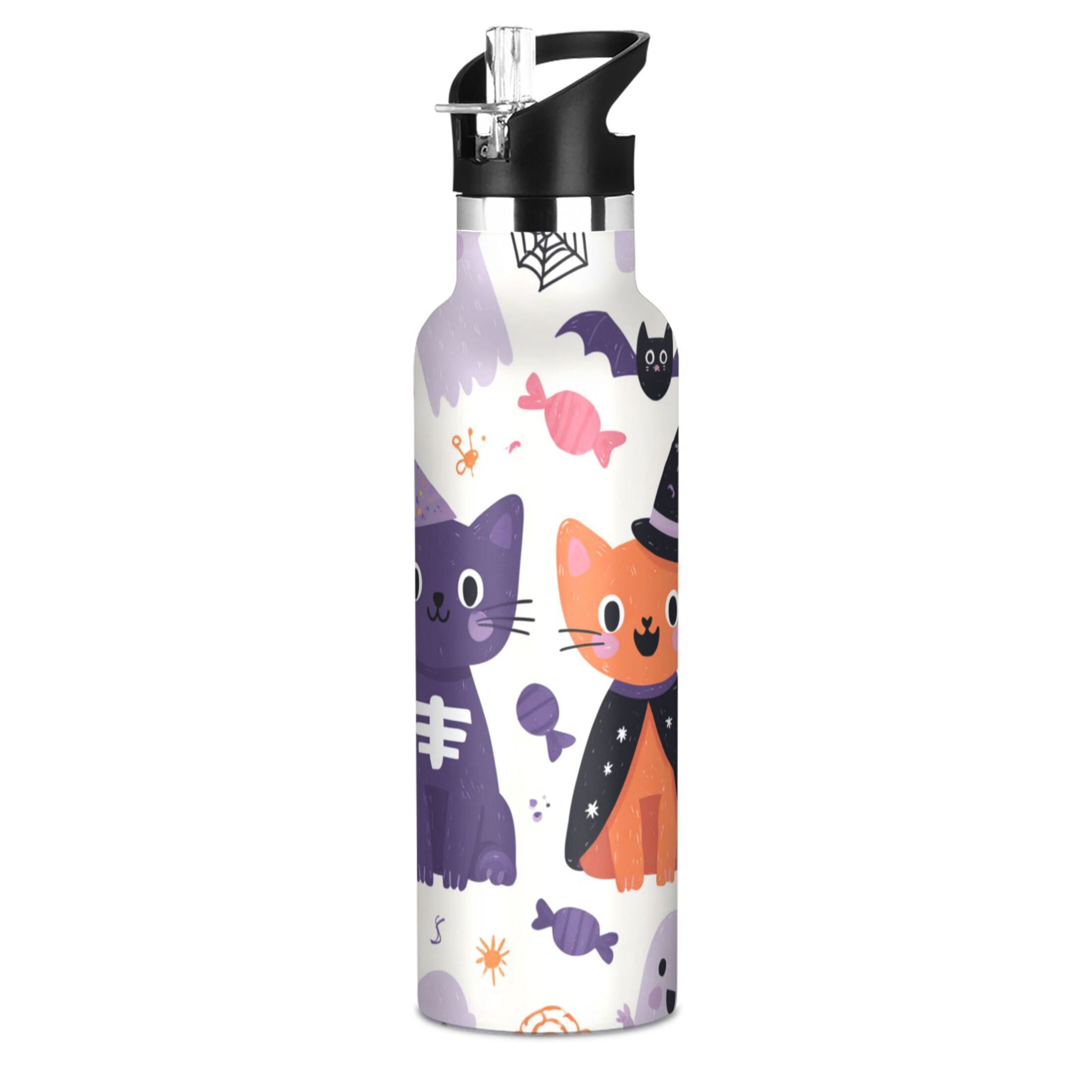 Kids Insulated Stainless Steel Sports Water Bottle 600ml (20oz) Purple Cat and Orange Cat