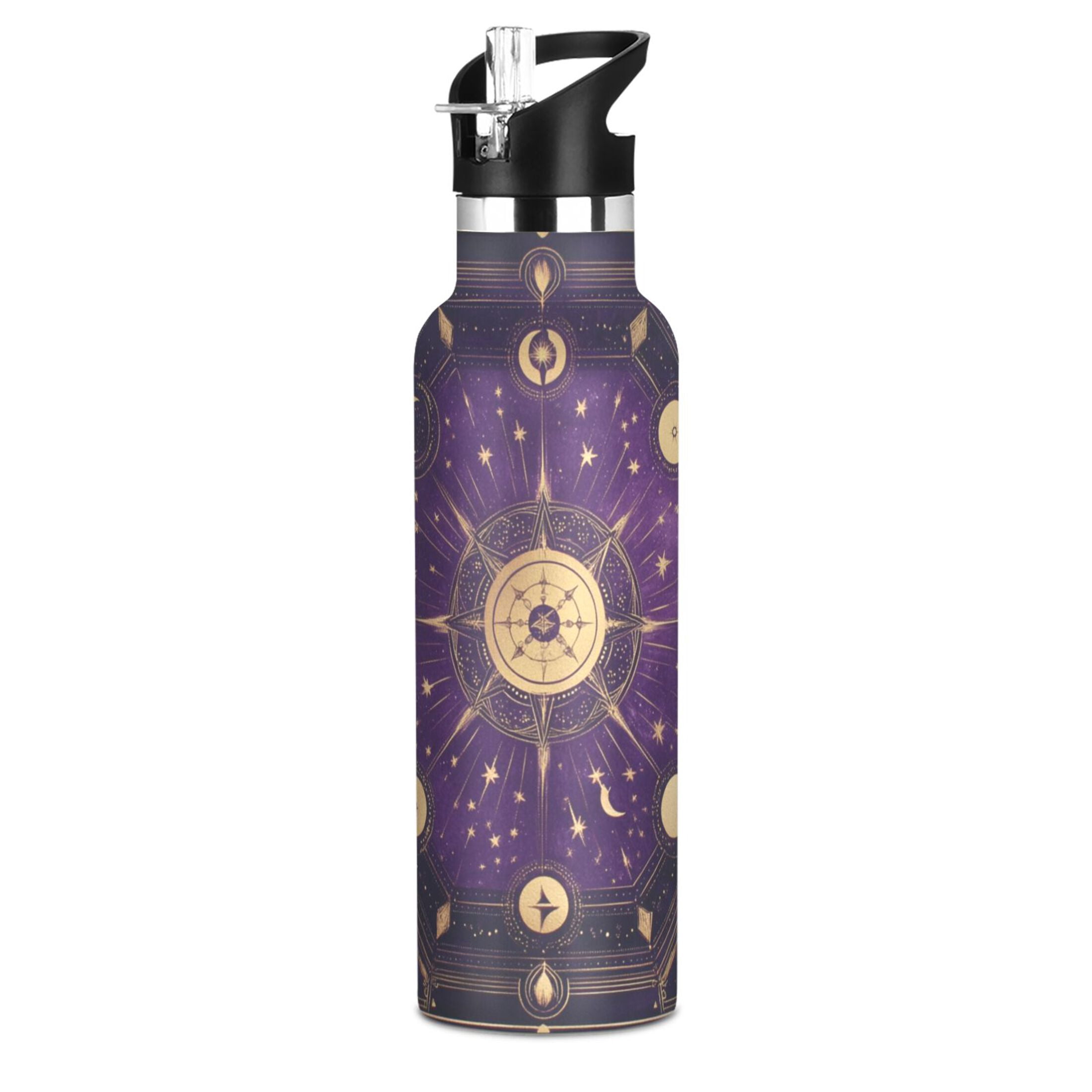 Kids Insulated Stainless Steel Sports Water Bottle 600ml (20oz) Purple Celestial Octagon Pattern